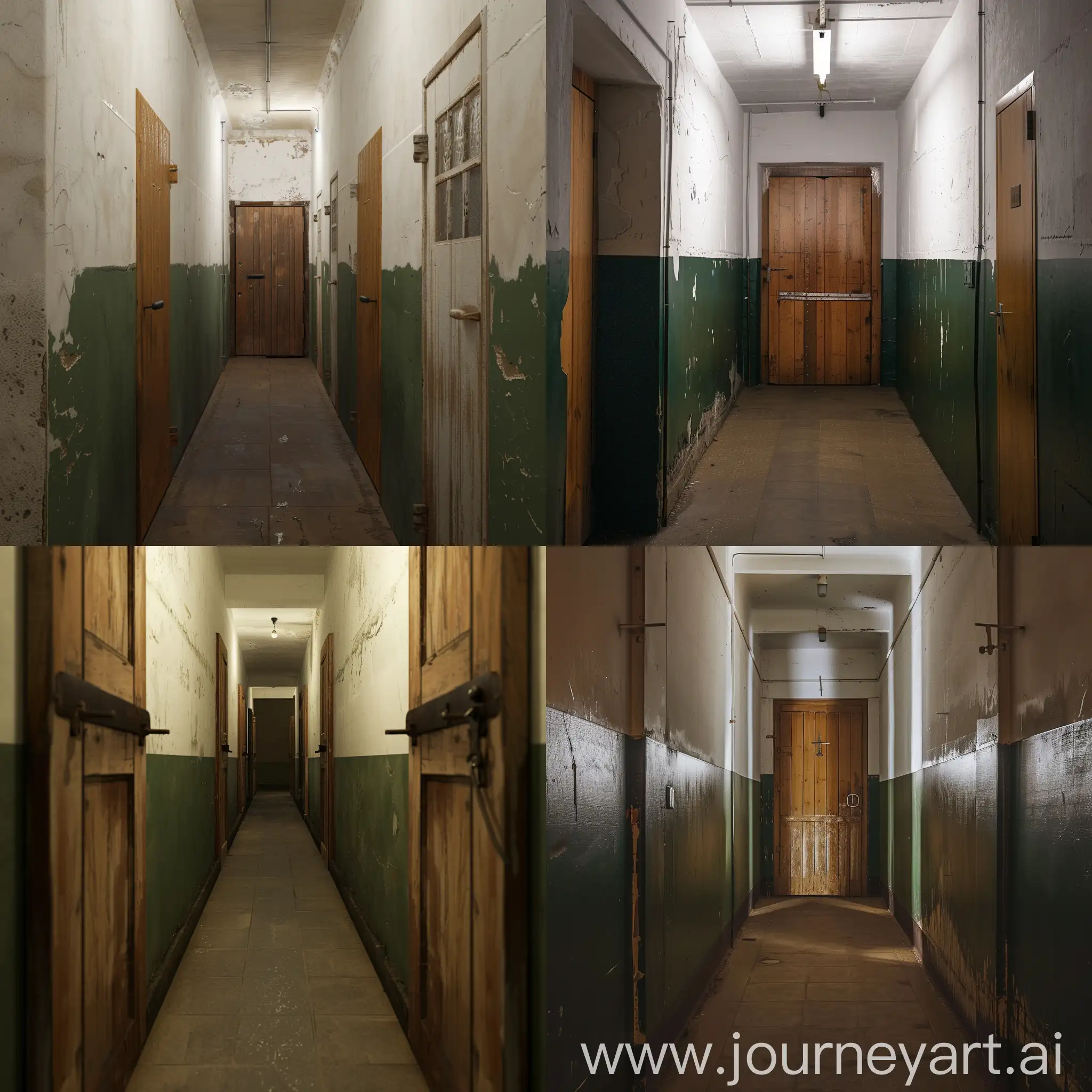 The corridor of the military headquarters, at the end there is a wooden door, a metal door handle, the walls of the headquarters are painted white on the top, green on the bottom, on the sides. corridor wooden doors, hyper-realism, gloomy dim lighting, hyperrealism, 8K image quality
