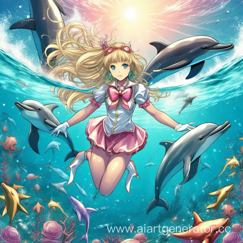 Девушка волшебница плавает в океане с дельфинами