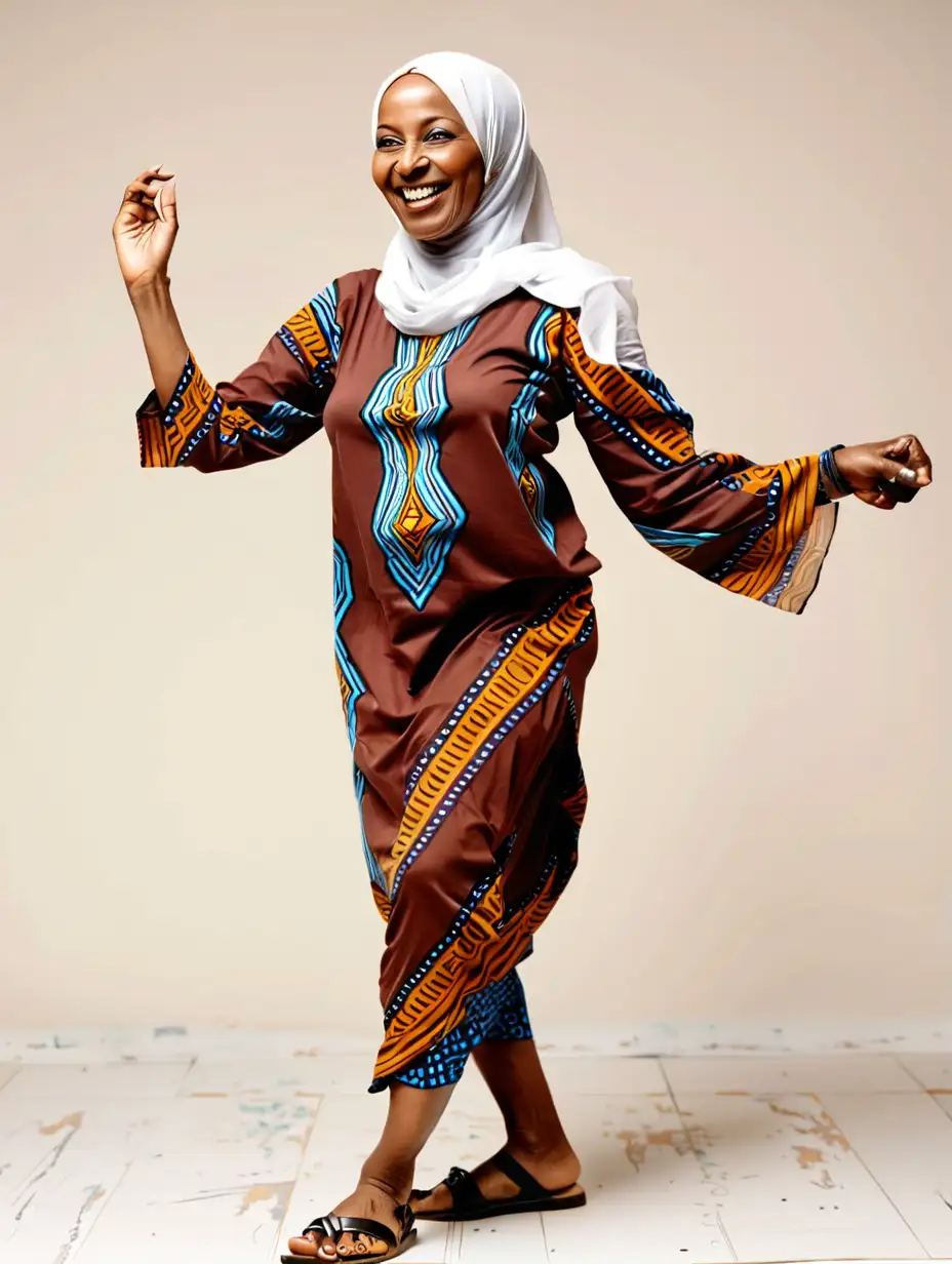 Joyful African Muslim Woman Dancing Outdoors in Sandals
