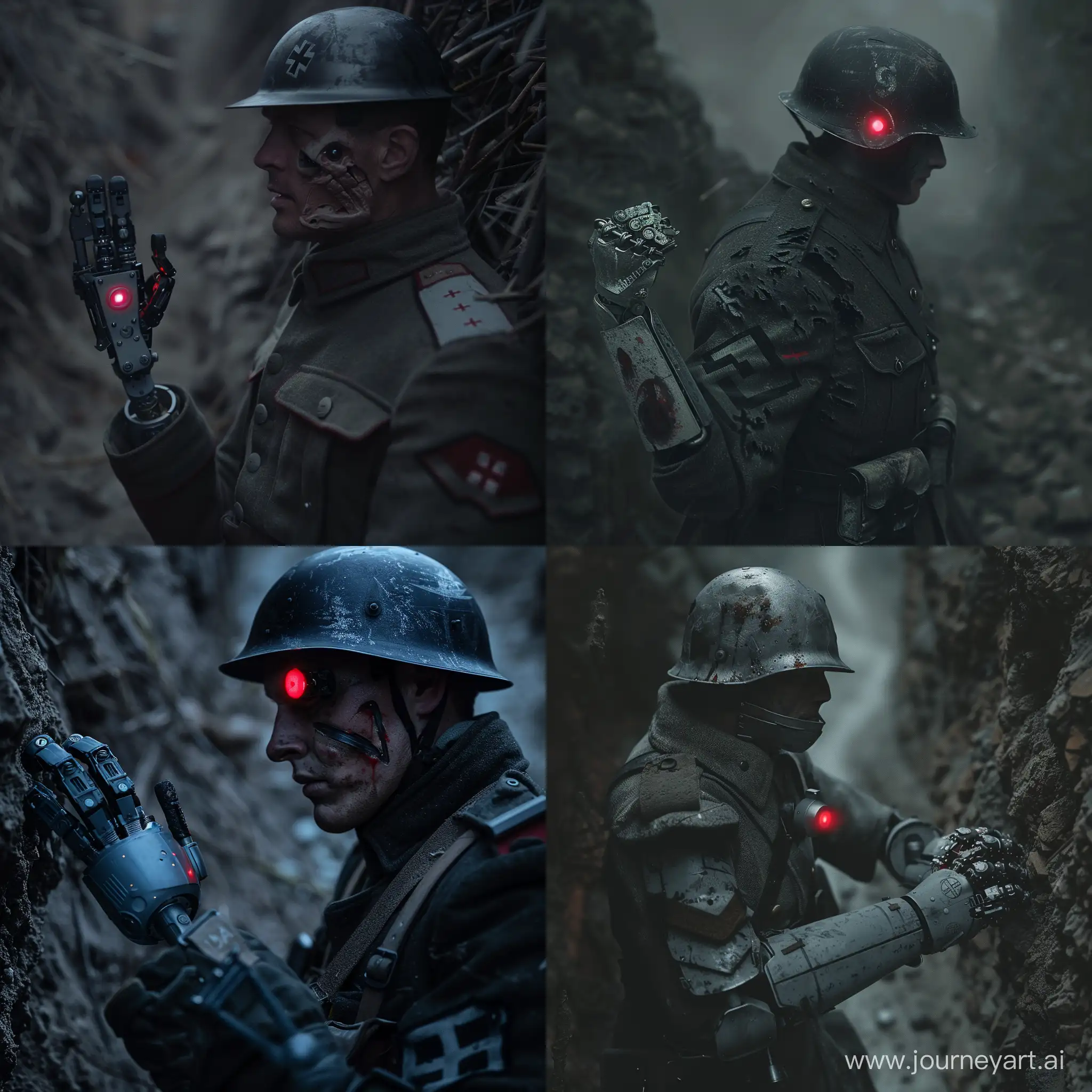 German-Soldier-with-Prosthetic-Hand-and-Red-Eye-Indicator-in-Trenches-of-World-War-I