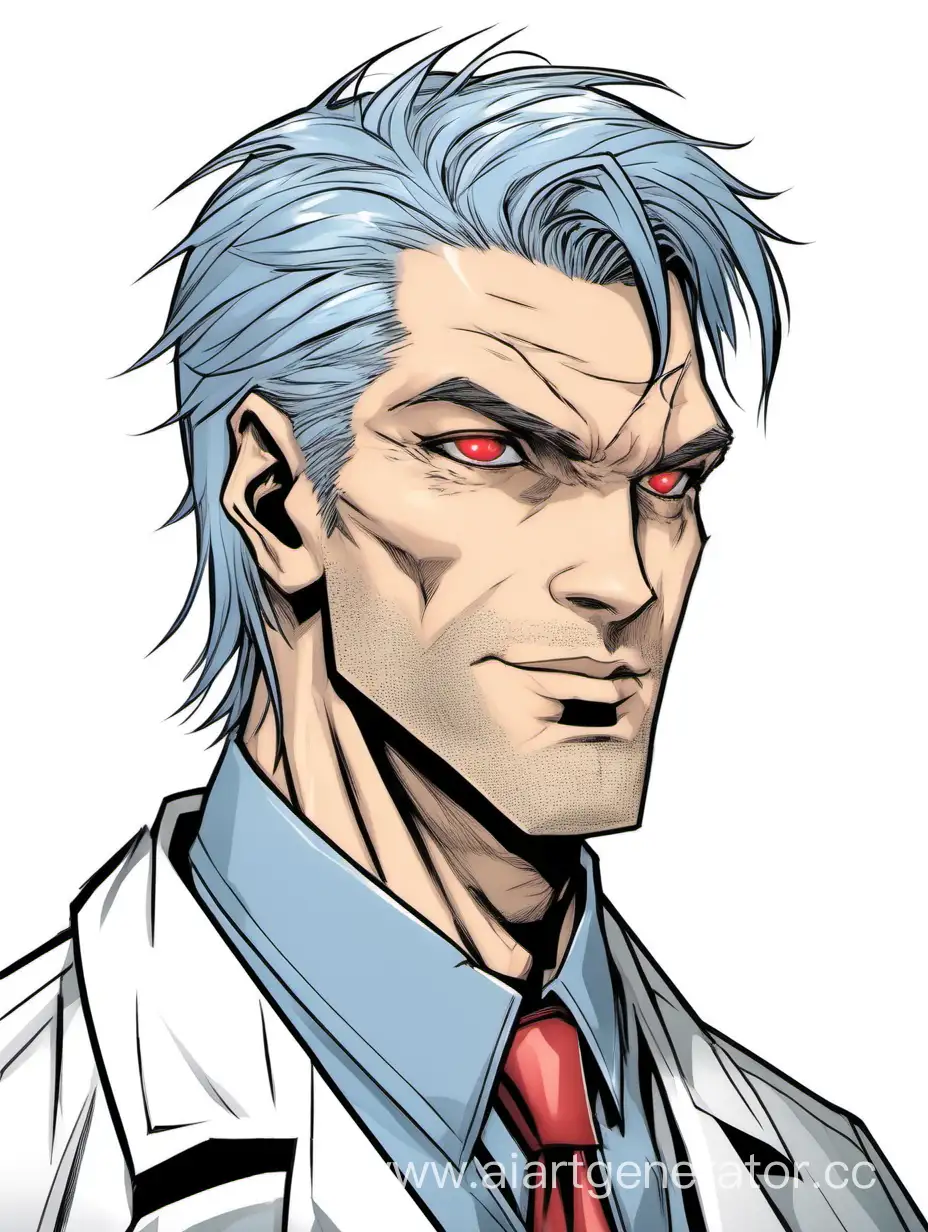 Tall and pale-skinned man with a thin build and shoulder-length, blue-gray hair that is styled in a mullet. Red eye color. Wears a lab coat. Wears gloves. Each of his teeth is a sharp fang. Young and well-groomed. Has no wrinkles on his face and does not look old. Has no facial hair, no facial stubble. Sharp jaw angles, not wide and thin jaw, sharp chin, sly look. Narcissist, arrogant.