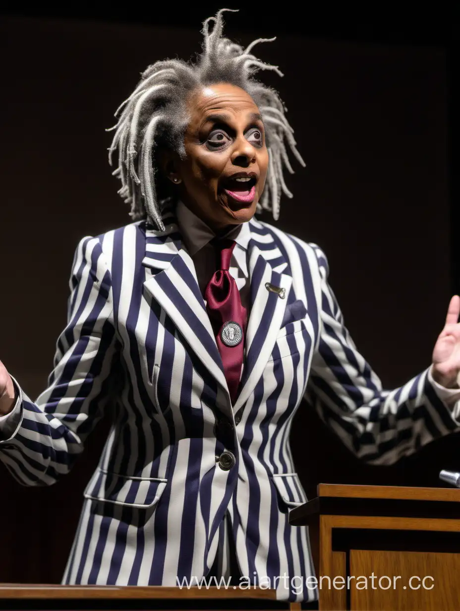 High Quality digital photo, Harvard insignia back ground, Lori Lightfoot, wearing striped Beetlejuice suit, lecturing, wide