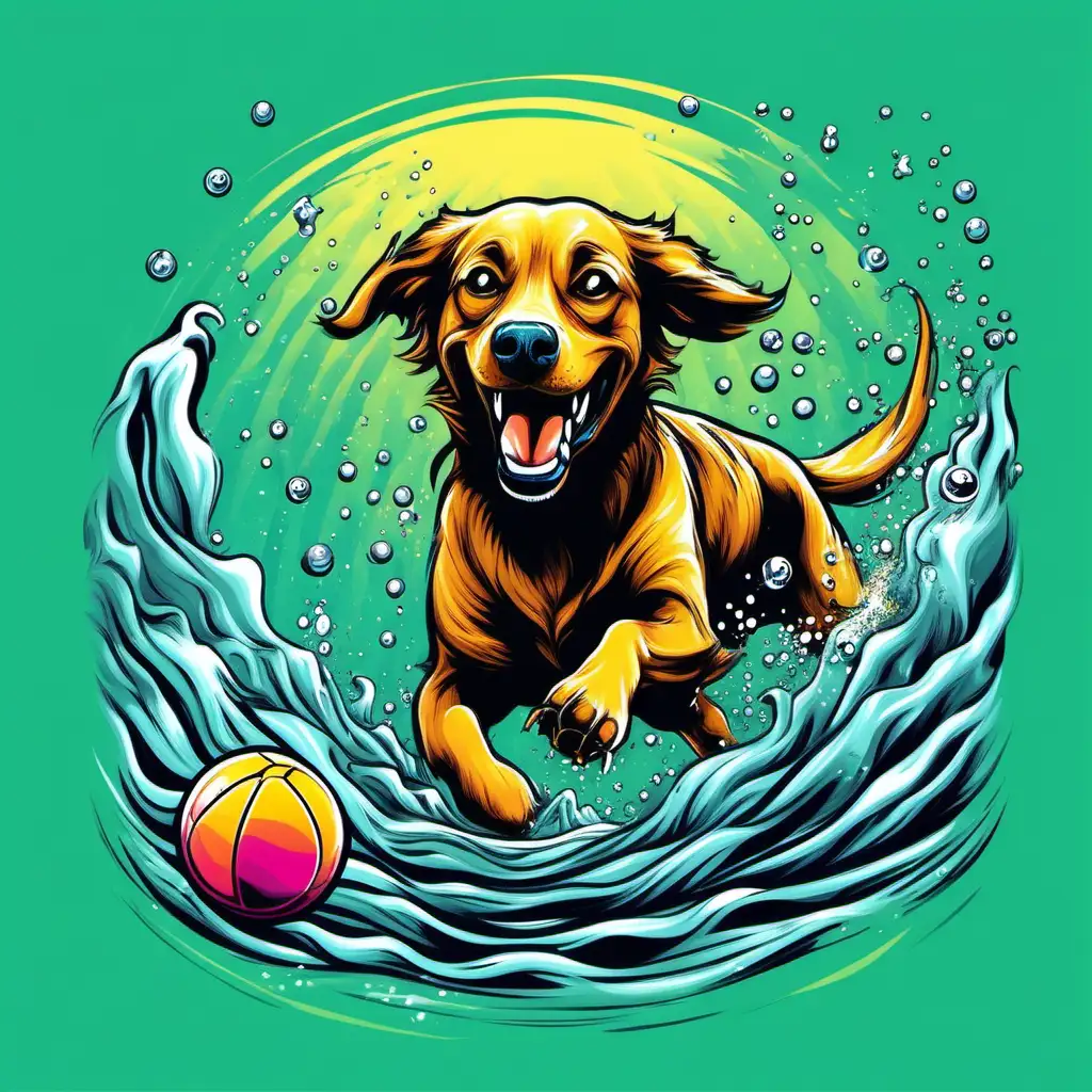 tshirt design, happy dog  under water chasing a ball in vibrant colors 
