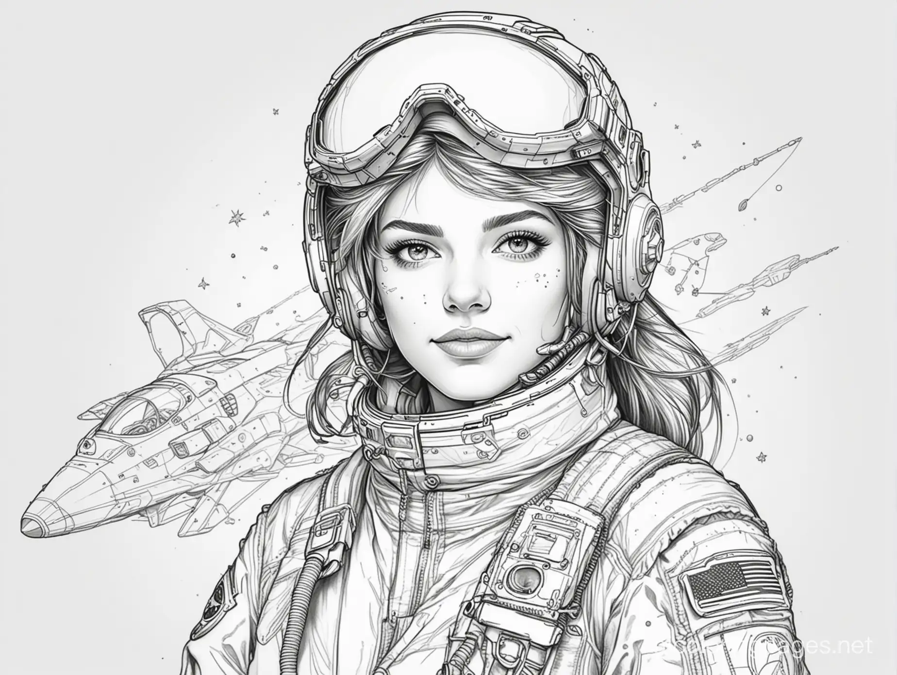 Female galactic pilot, Coloring Page, black and white, line art, white background, Simplicity, Ample White Space. The background of the coloring page is plain white to make it easy for young children to color within the lines. The outlines of all the subjects are easy to distinguish, making it simple for kids to color without too much difficulty