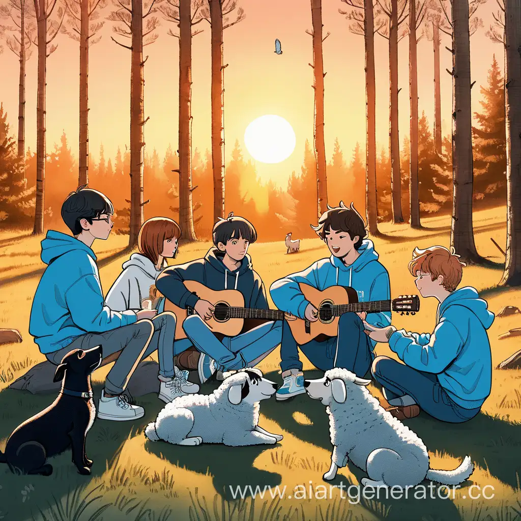 Пятеро мальчиков и одна девочка сидят в лесу на закате.с гитарой и с овчаркой,в талстовках