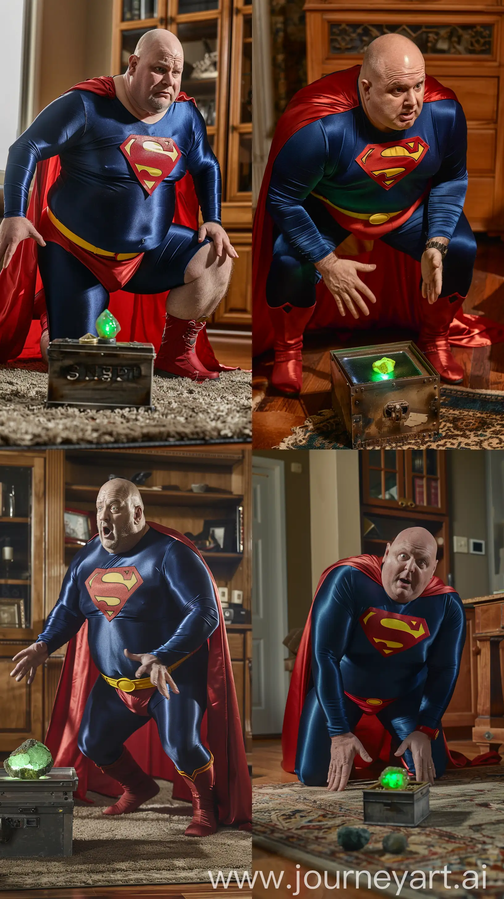 Front close-up photo of a fat man aged 60 wearing silk navy blue complete superman tight uniform with a large red cape, red trunks, yellow belt, red boots. Falling on his knees on the ground with opened hands in front of a small green glowing rock in a small metal box. Inside a living room. Bald. Clean Shaven. Natural light. --ar 9:16
