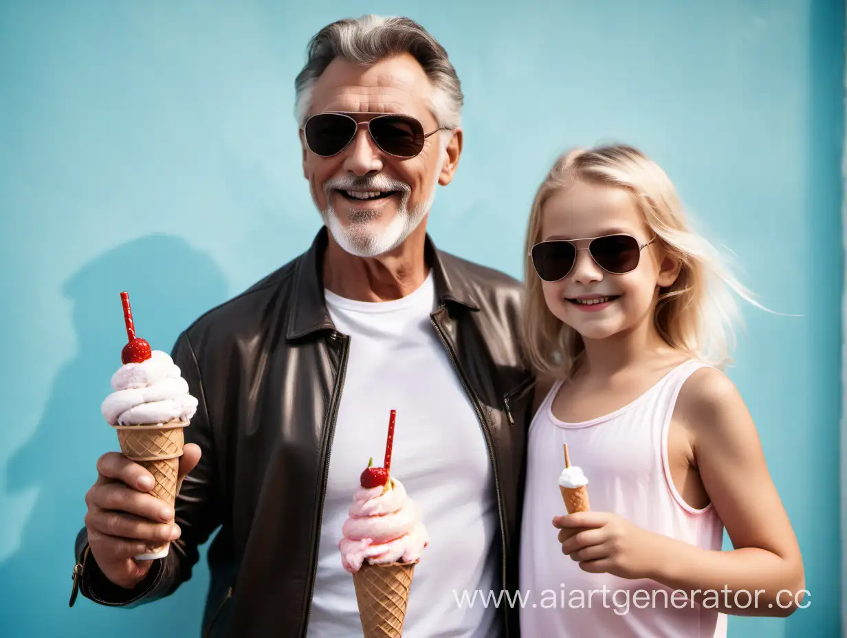 Темноволосый зрелый мужчина 55 лет, элегантно одет, солнцезащитные очки авиаторы, стильный стоит рядом с дочерью, молодой, красивой русоволосой девушкой. Они счастливы, улыбаются, едят мороженое