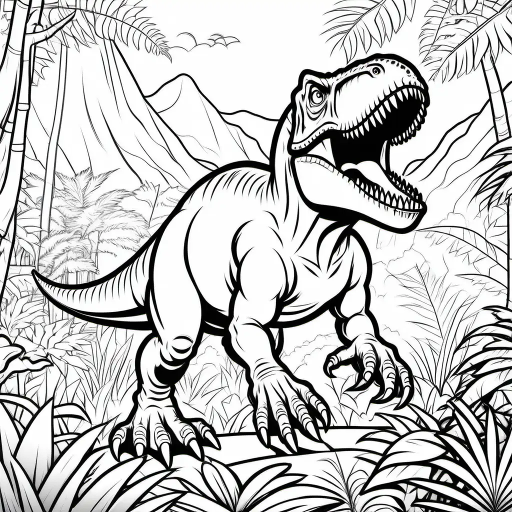 coloring page for kids Tyrannosaurus rex in a jungle, cartoon style, thick lines, low detail, no shading--ar 9.11