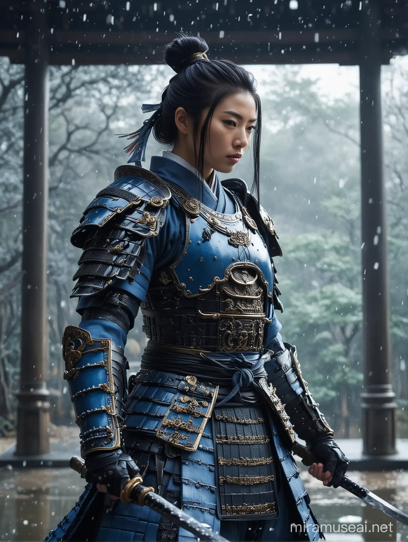 Character: A stunning female samurai warrior in bright light blue armor that shows elegance and strength.
Environment: A peaceful Japanese temple.
Background: A front view of a simple but beautiful Japanese temple.
Style: A rich fashion shoot blending the classic samurai look with a modern twist.
Photography Type: A cinematic fashion shoot that brings out the character of the black-armored samurai.
Theme: A fashion shoot that combines old and new, centered on the blue-armored samurai.
Visual Filters: Enhanced with a Fashion Film Look-Up Table (LUT) for a richer look.
Camera Effects: Soft blur, haze, and natural light to bring out the blue of the armor.
Time: Set in a quiet Morning with light snowfall for a peaceful atmosphere.
Resolution: High resolution to capture every detail.
Key Element: The main focus is the bright light black armor, detailed to catch the light and stand out against the temple.
Details: The armor is detailed with traditional Japanese designs and scenes from samurai stories. It shines in the Sun light, showing off the skill of the people who made it. The shape of the armor is highlighted, creating a beautiful image that brings out the spirit of the samurai.