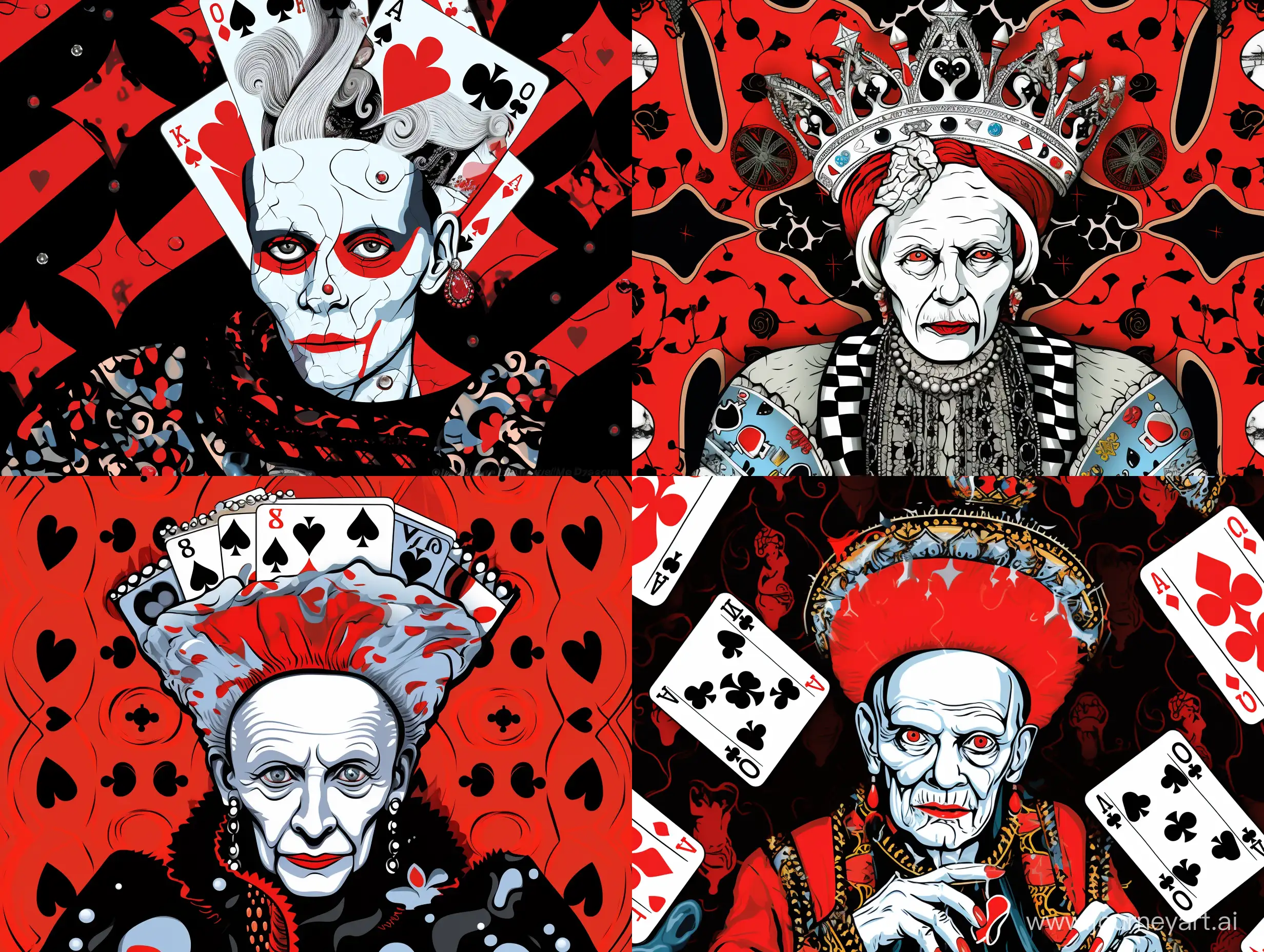 Portrait of an elderly Vivienne Westwood, with accessories from Westwood, with a small crown on her head, many details, complex, gloomy, against a background of a pattern of clubs, colors black, white, red, gray, caricature, pop art style, fashion illustration style