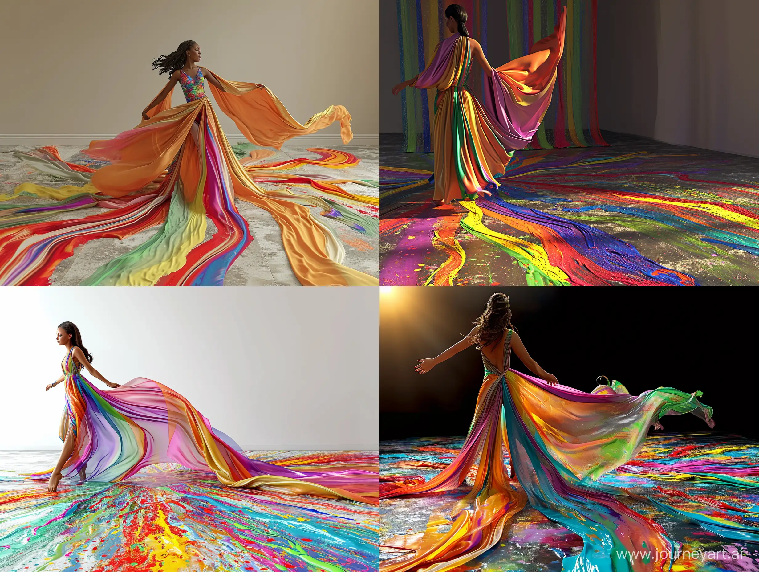 a female dancer, wearing colorful flowing draped dress, fabric streams out and transforms into streams of flowing vivid colorful paint and forms vivid colorful art on floor, surrealism, 3D, hdr, photorealistic, octane render, 16k