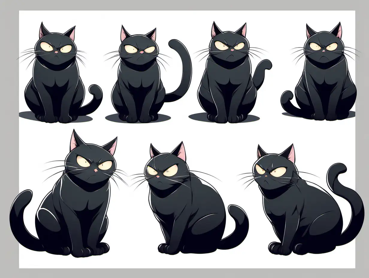 комикс, рисунок в стиле аниме манга, толстый черный кот, выразительные глаза, хитрый прищур, разные позы
