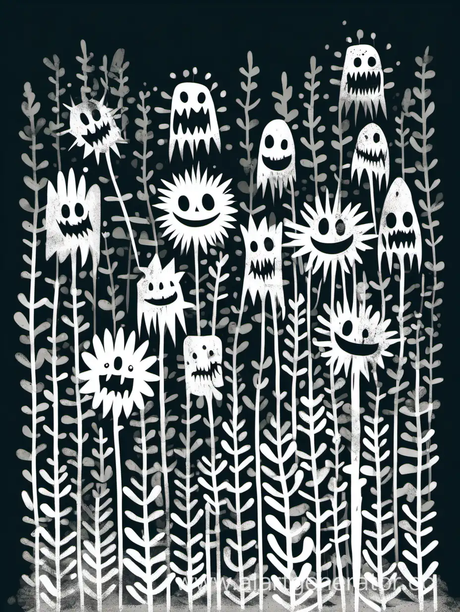 horror art, childish drawing, abstraction, vector, minimalism, flowers with teeth, shadows