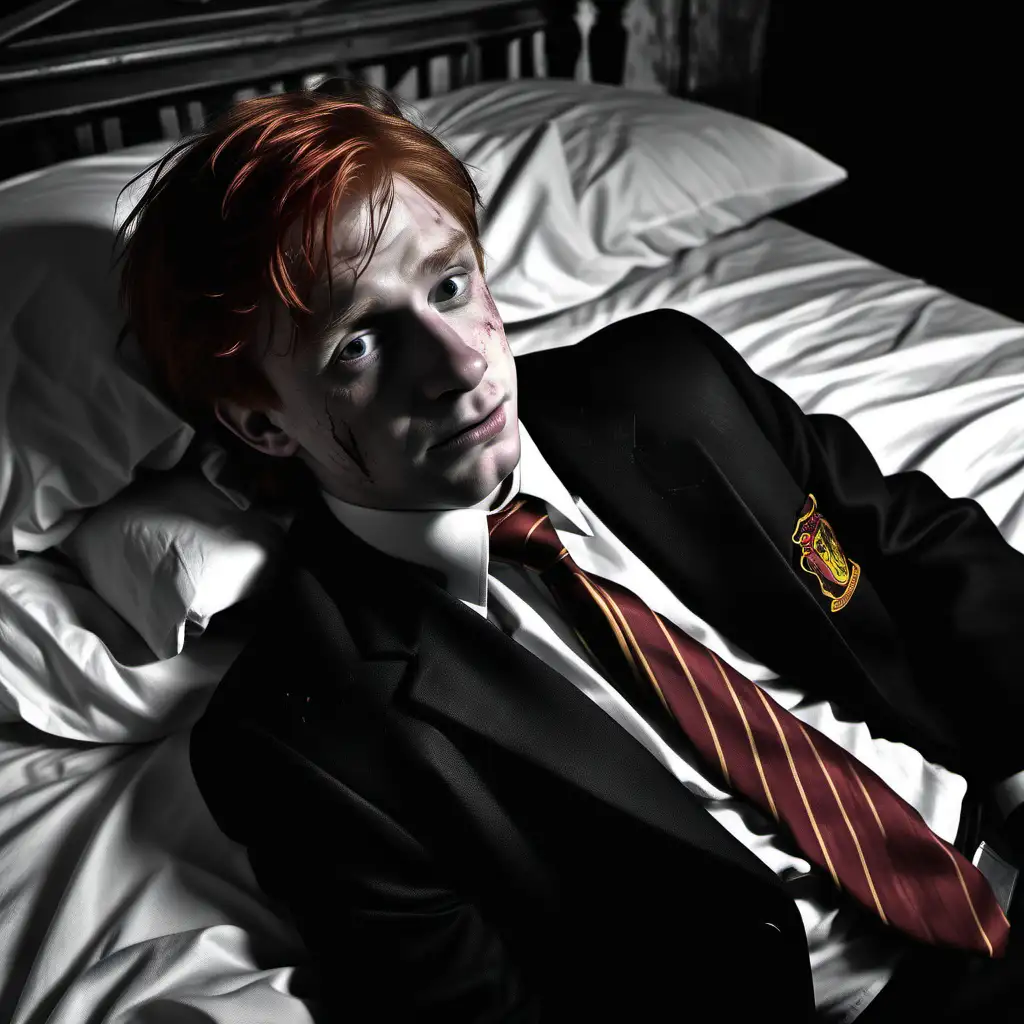 sin city style, black and white, night, close look, Ron Weasley, red hair, dressed in black suit, shirt and necktie in Gryffindor colors, who is laying on broken bed on his back and slightly smiles, a bit scratched, broken furniture of abandoned house on background, hyper-realistic