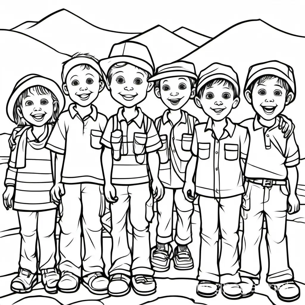 Missions trip to Africa, Coloring Page, black and white, line art, white background, Simplicity, Ample White Space. The background of the coloring page is plain white to make it easy for young children to color within the lines. The outlines of all the subjects are easy to distinguish, making it simple for kids to color without too much difficulty