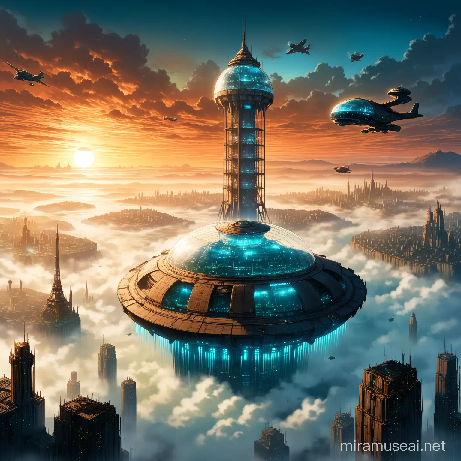 Futuristic Cityscape with Glass Dome and Flying Ships