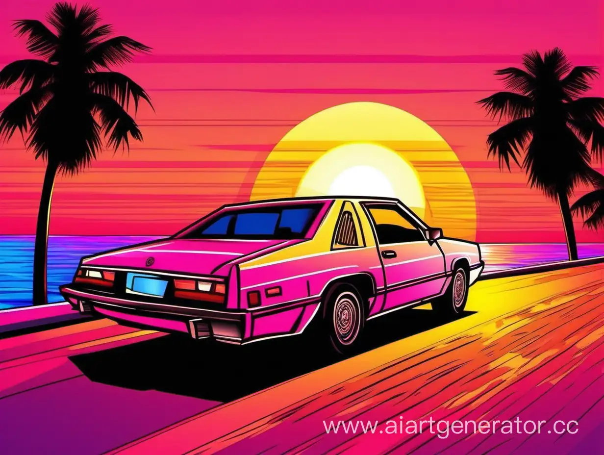 car going into the sunset on a beautiful background vector in the style of GTA Vice City