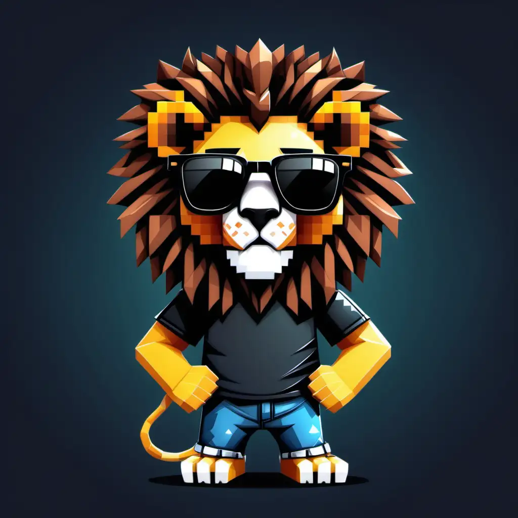 create a cartoon lion wearing cool black 
 pixel 
sunglasses 
