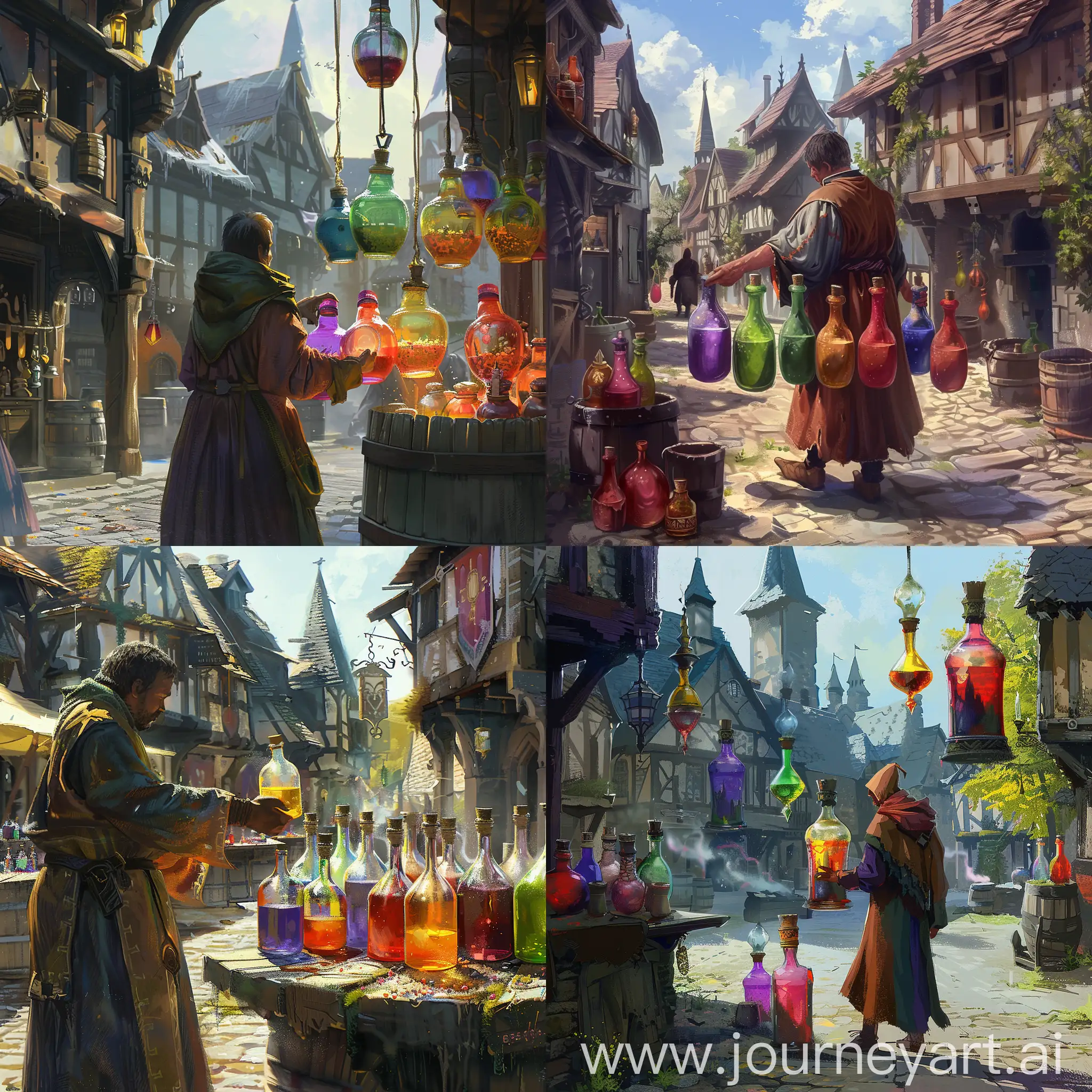 Medieval-Fantasy-Peasant-Buying-Vibrant-Potions-in-Oddly-Shaped-Bottles