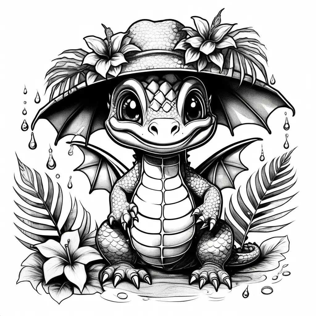 Smiling Baby Dragon with Tropical Accessories and Bold Text