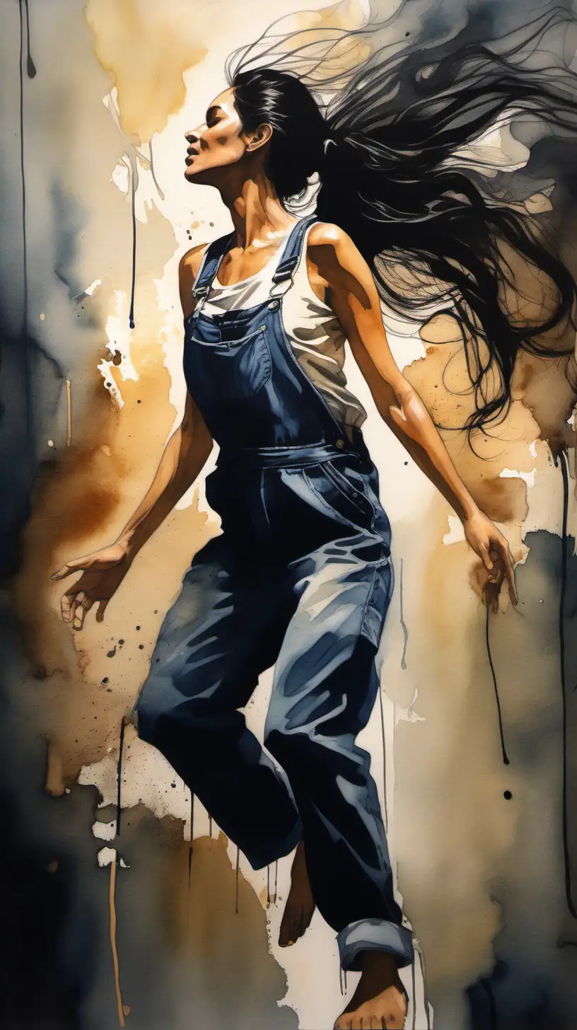 A WOMAN WITH LONG LUSCIOUS CASCADING DARK HAIR IN A HALF WAY UP PONYTAIL WITH LOOSE TENDRILS AND A VERY STRONG BODY WITH OVERALLS LOOSLY ON HER. DEPICT THE ESSENCE AND PURE JOY IN THE MORNING LIGHT DANCING WITH A PAINT BRUSH IN HER HAND AND A HALF PAINTED ANTIQUE DRESSER. surround HER by A STARK CONTRAST BETWEEN THE JOY AND PAIN LIFE CAN BRING. Create a detailed scene that highlights  moments of PEACE and AND AN INNER BATTLE. MAKE THIS AN ABSTRACT ART PIECE .  SHOW HER ENTIRE BODY AND THE SPACE SHE IS IN. MAKE THIS VERY ABSTRACT AND A WATERCOLOR PAINTING WITH WARM COLORS.