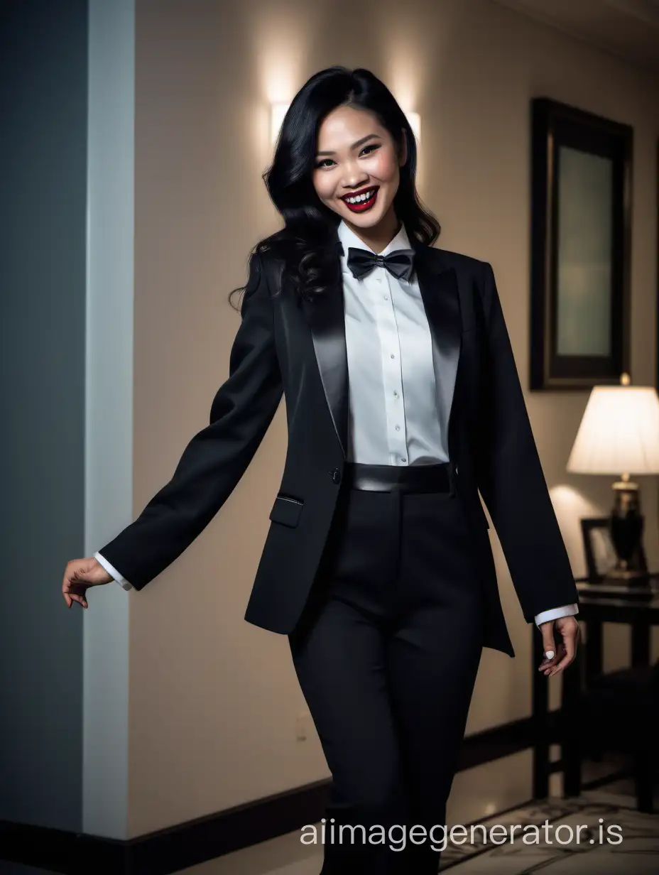 It is night. The lighting is dim. The scene is the room in a wealthy mansion. A beautiful smiling and laughing vietnamese woman with tan skin, long black hair, and lipstick, mid-twenties of age, is walking straight forward, looking at the viewer.  She is wearing a tuxedo with a black jacket and black pants.  Her shirt is white with double french cuffs and a wing collar.  Her bowtie is black.   Her cufflinks are large and black.  She is wearing shiny black high heels. She is smiling and laughing.  Her jacket is open.  Photorealistic, best quality raw photo.