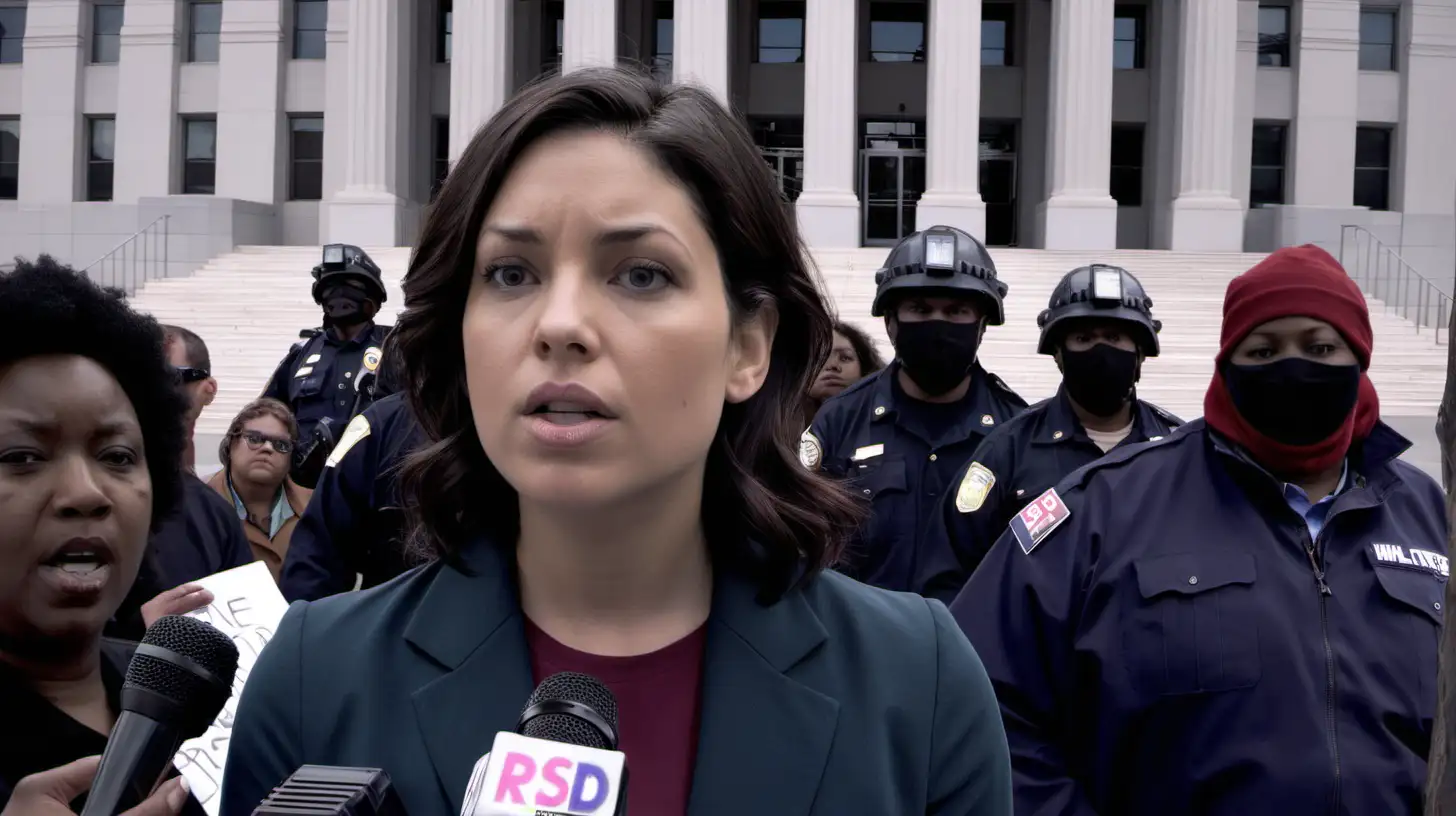 A female reporter in front of a courthouse with protesters behind her.