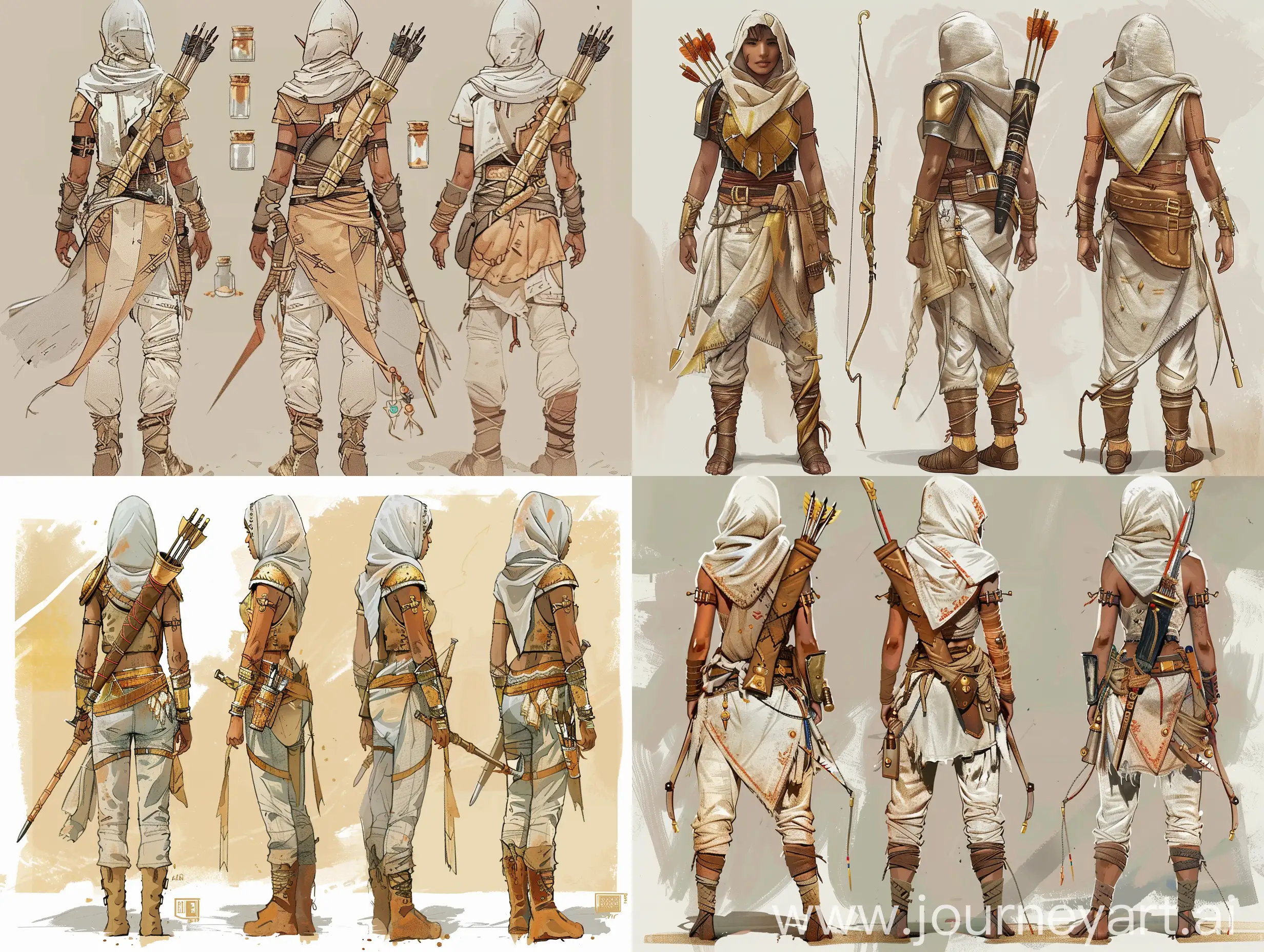 A detailed character design sheet, featuring the back and full body of a North African girl whose attire reflects practicality and desert tradition. She wears lightweight leather armor adorned with brass fittings, loose-fitting linen pants tucked into high boots, and a headscarf shielding her face from the sun and sand. A bandolier holds extra arrows and vials of sandstorm powder. The style is reminiscent of classic fantasy art, with a character concept emphasizing chaos.