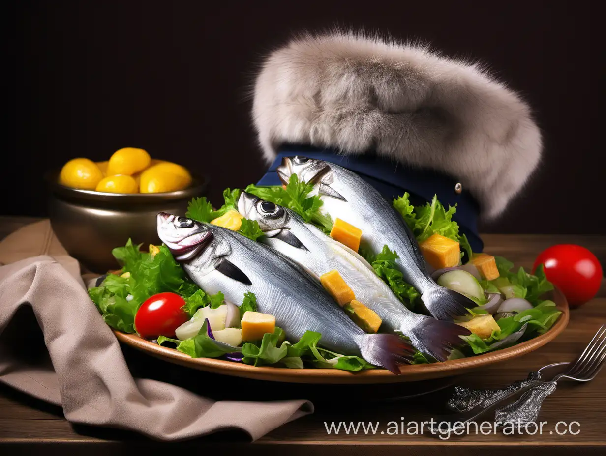 Russian-Cuisine-Herring-and-Fur-Coat-Salad-with-Ushanka-Hat