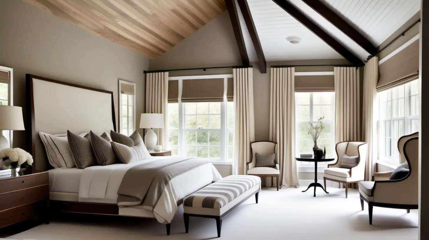 visualize a contemporary sloping wood ceiling in a bedroom with  four poster bed. White floor with neutral carpet. straight windows with juliette balcony and wing back chair with small round table. cushions on the bed with neutral checks and stripes. Upholstered bench in checks  fabric Wall colors in beige