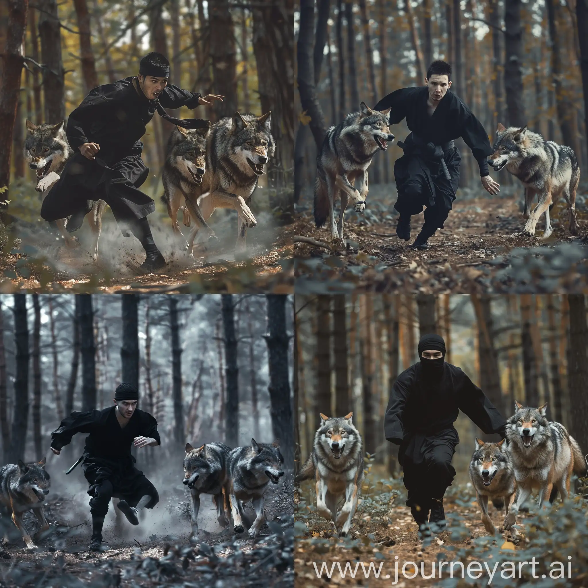梅西穿着忍者黑衣，在森林里被 3 野狼追逐
