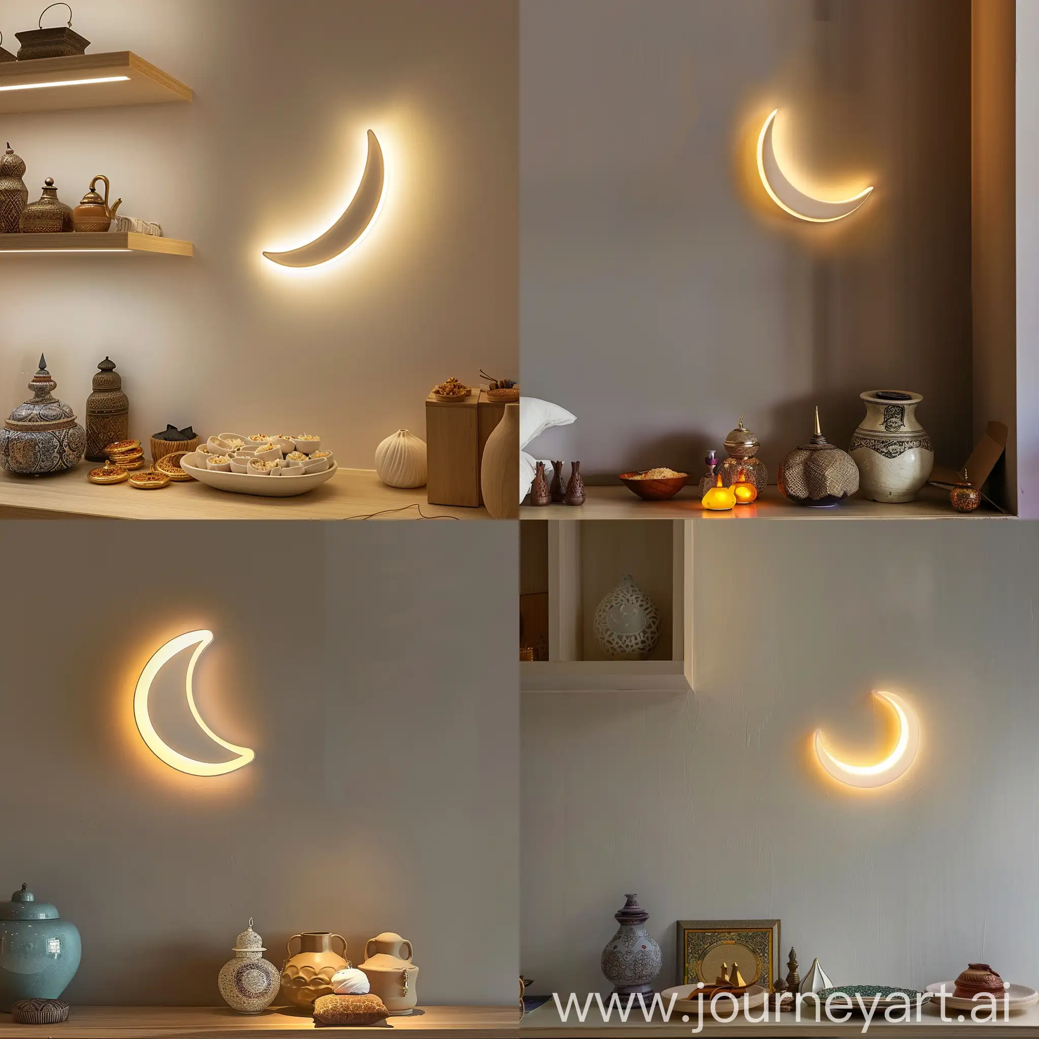 Designing an interior scene in the atmosphere of the month of Ramadan. on the wall a small lighting unit in the shape of a luminous crescent in white. There are some  islamic Ramadan decorative accessories next to it.
