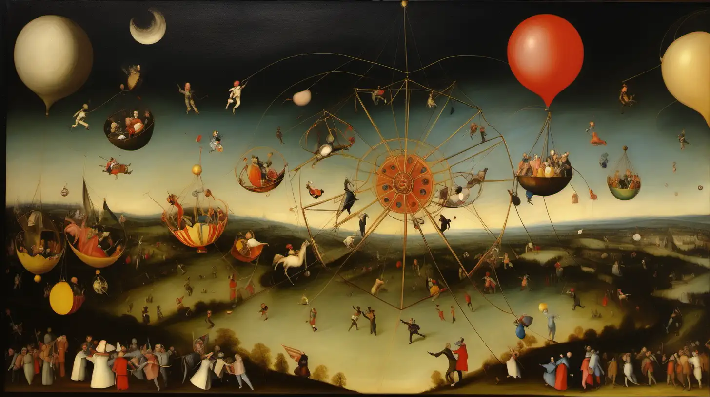 Round, like a circle in a spiral
Like a wheel within a wheel
Never ending or beginning
On an ever-spinning reel
Like a snowball down a mountain
Or a carnival balloon
Like a carousel that's burning
Running rings around the moon, oil on canvas, old picture, Hieronymus Bosch style