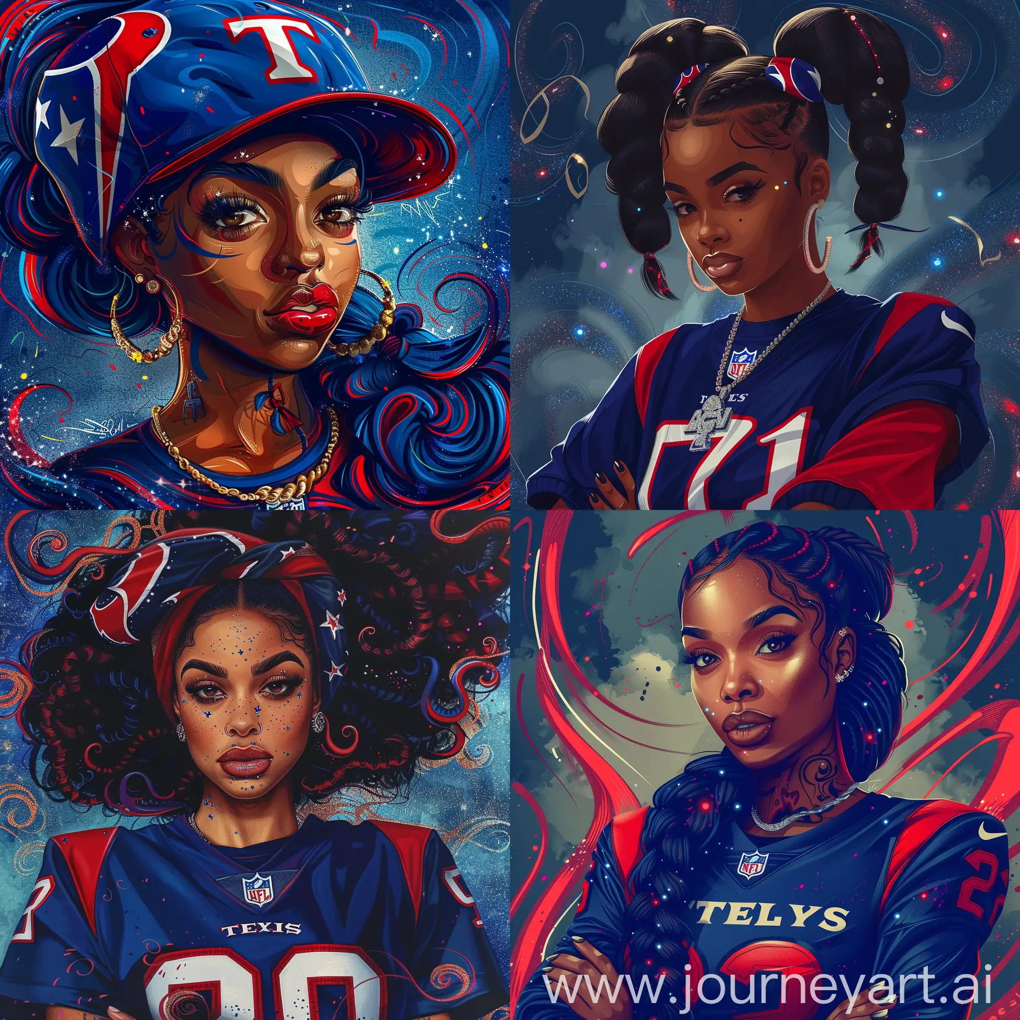 Realism art for the Hip-Hop female wearing Houston texans, in the style of hip-hop inspired, royal blue and red, princesscore, punctuated caricature, hip hop aesthetics, azure, asante art, background swirls and glitter