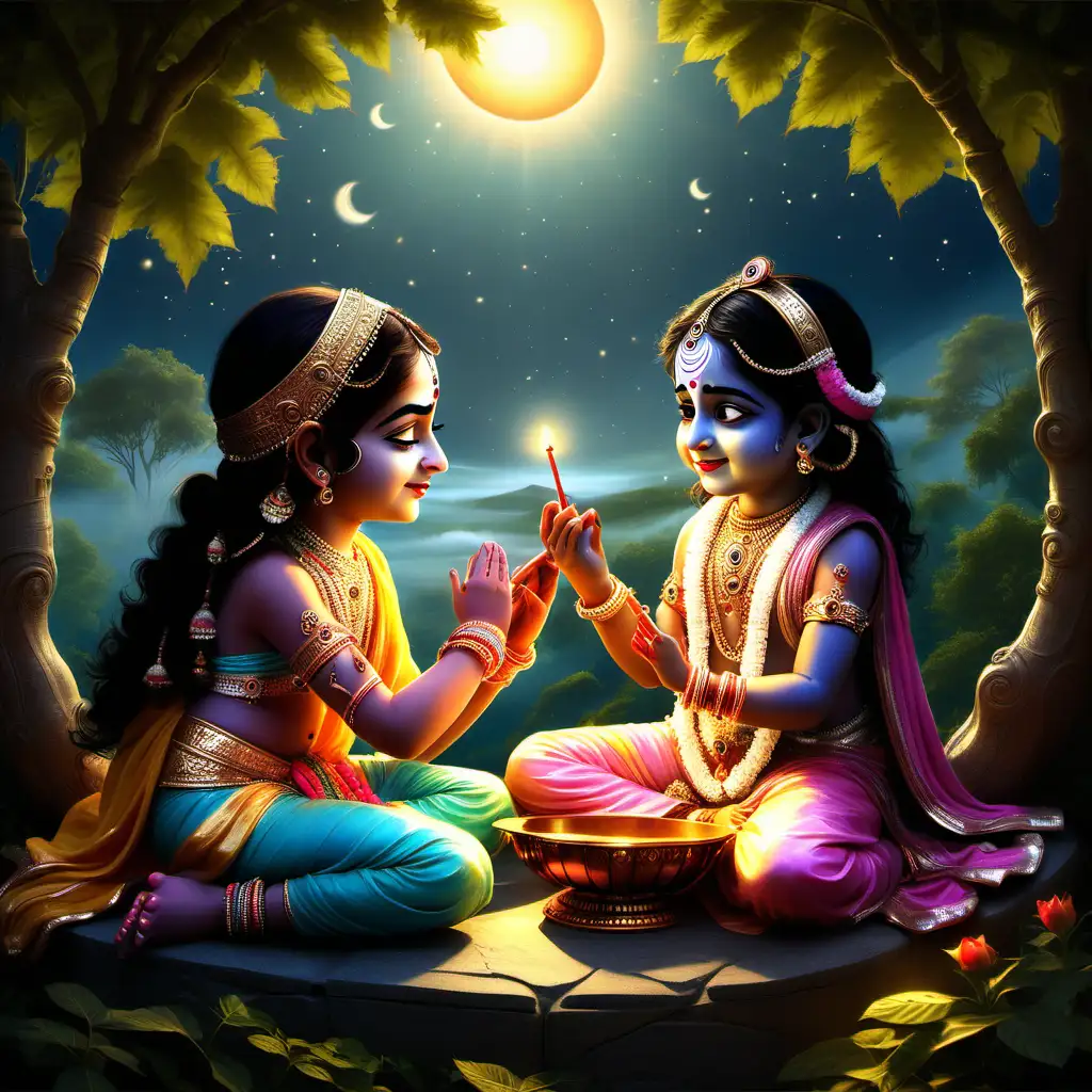 Imagine 3 yr cute Radha narrating stories to 4 yr Krishna or vice versa. You could portray them sitting together, engrossed in a storytelling session, showcasing their bond and shared interests.Infuse a subtle divine aura around them, portraying their divine essence even as kids. This could be depicted through a soft glow or a celestial background, symbolizing their spiritual connection.