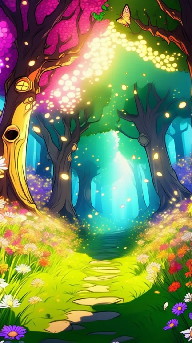 Enchanting Forest Meadow with Vivid Cartoon Style and Warm Sunlight
