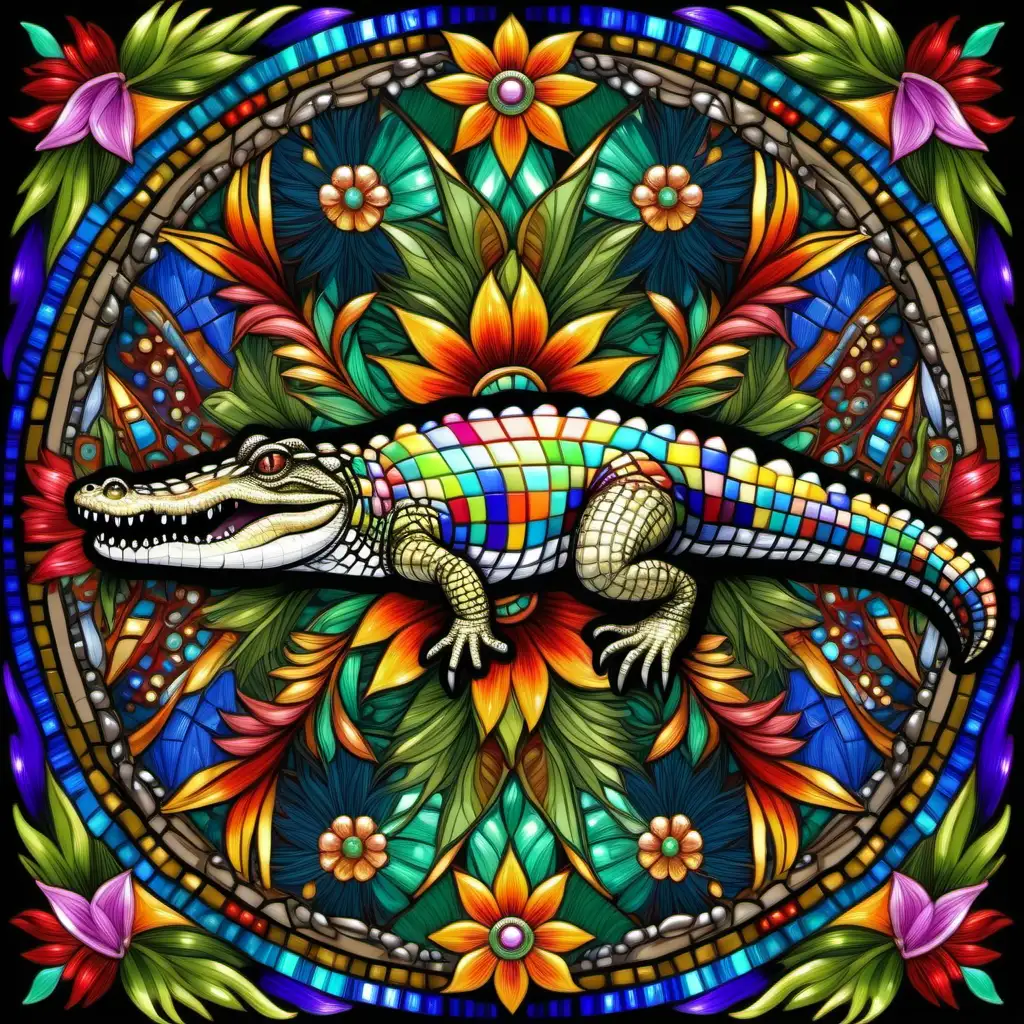 Intricate Delicate American Crocodile Mandala with Shiny Crystals and Flowers