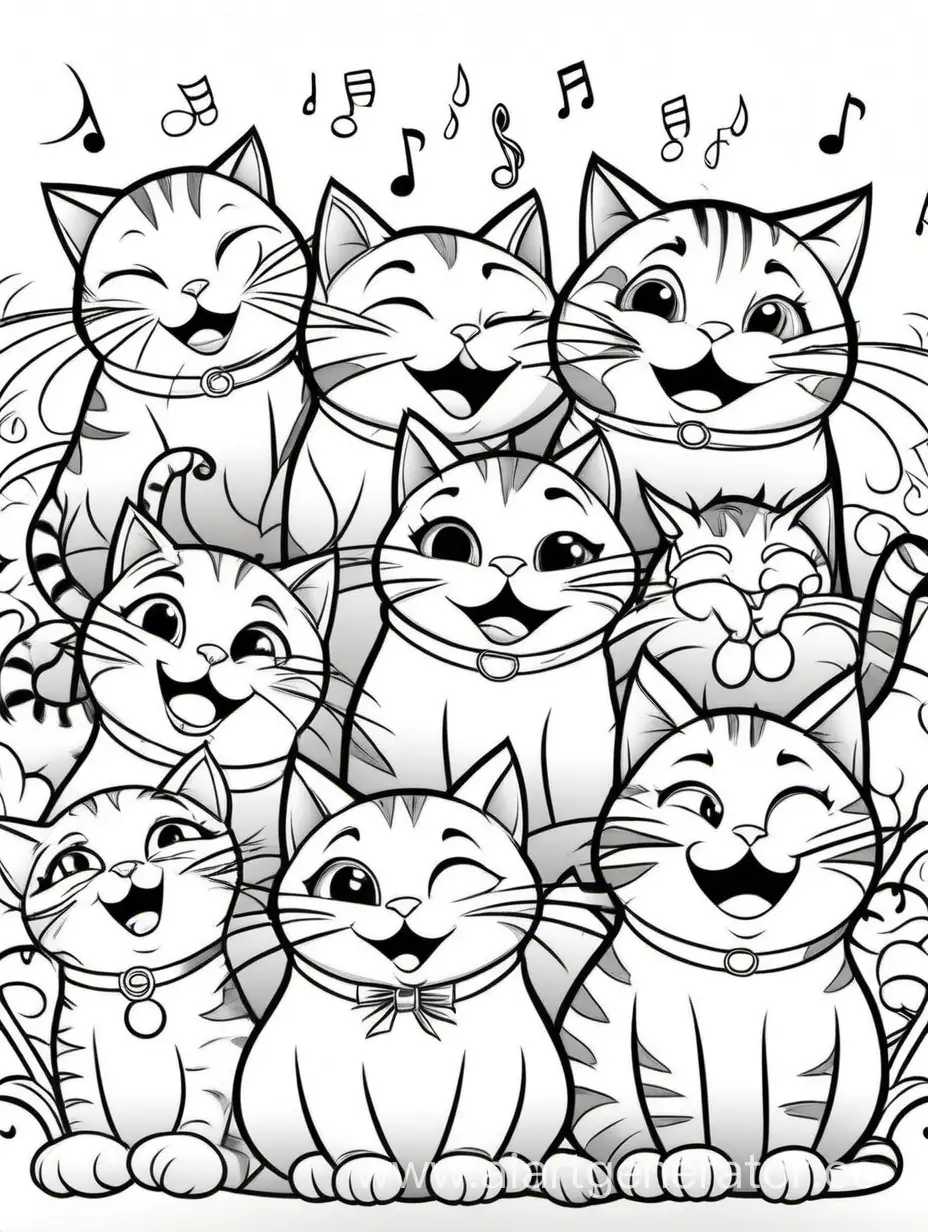 Раскраска - поющие смешные коты с разным выражением лица и позами
