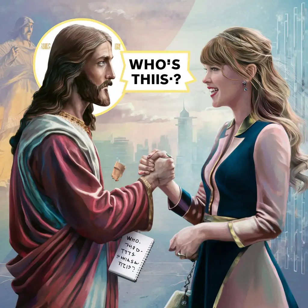 jesus saying WHO'S THIS? shaking hands with taylor swift



