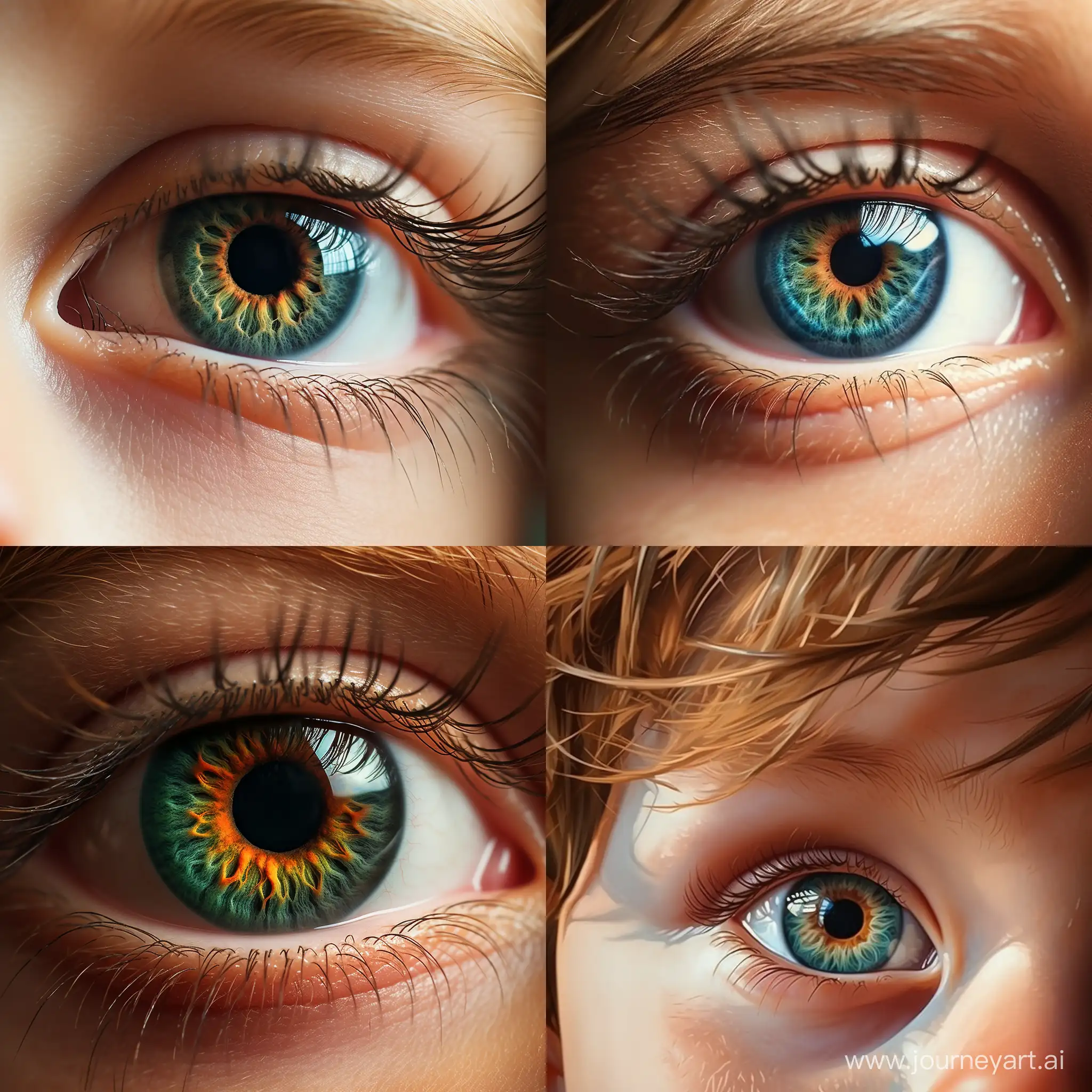 baby colorful eyes, close-up, realistic, high quality, professional photography, soft light