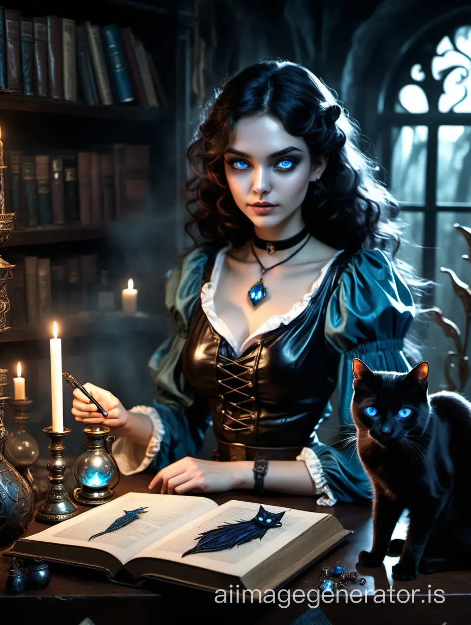 The picture should show a room furnished with magical artifacts, there should also be bookcases in the room and dry herbs for potions and other ingredients on them, add more magical details the lighting should be dim. In the foreground of the picture there is a table on which lies a thick book bound in dark leather. A sorceress girl with soft features, dark brown curls and bright blue eyes sits at the table, pendant with a magic crystal on the neck. To the left of the girl sits a black cat with the same bright blue eyes. Drawing, fairytale illustration style, comics style
