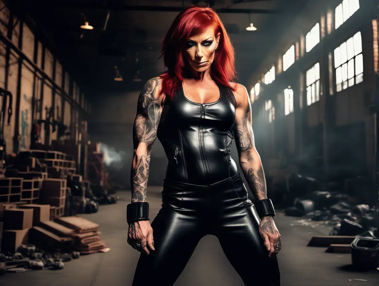 extremely muscular tattooed red haired female in a black leather sleeveless catsuit in a smoke filled cluttered warehouse flexing her muscles