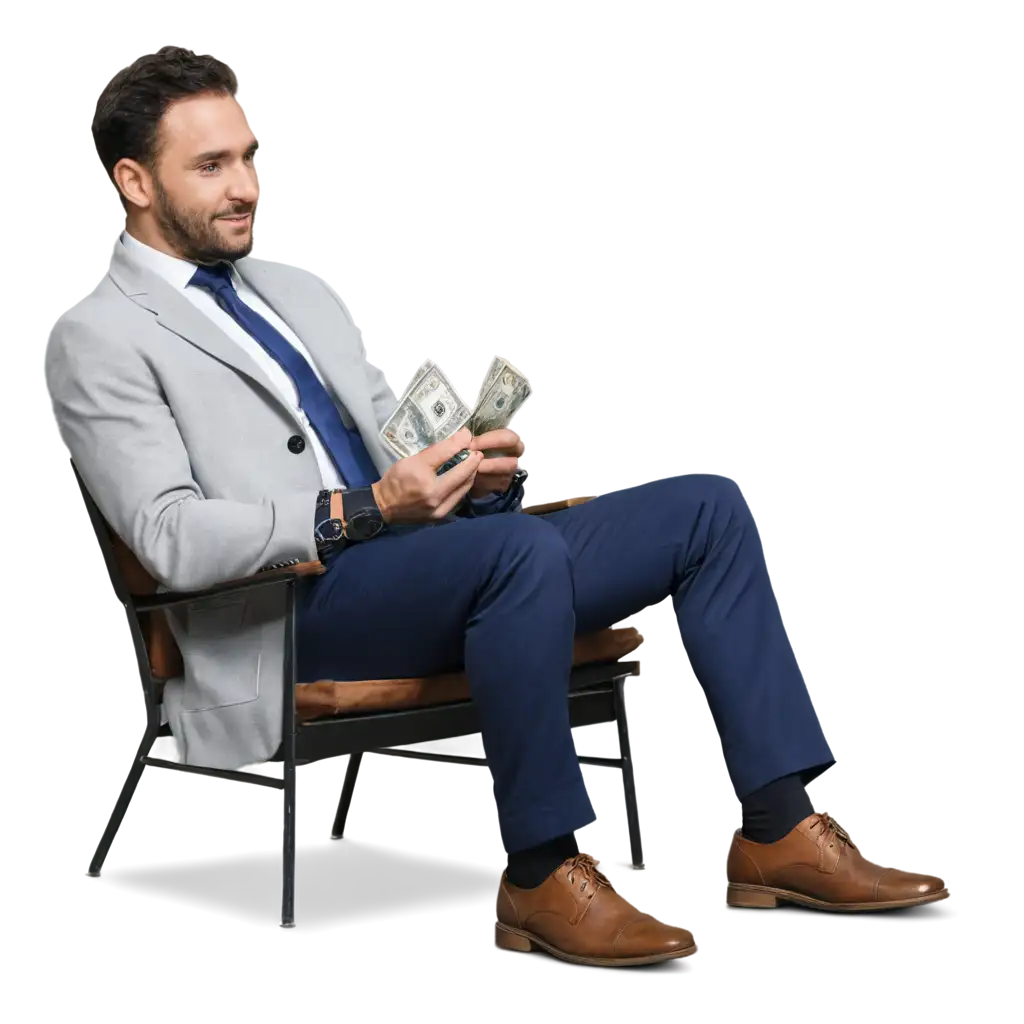 successful man sitting in a chair with money