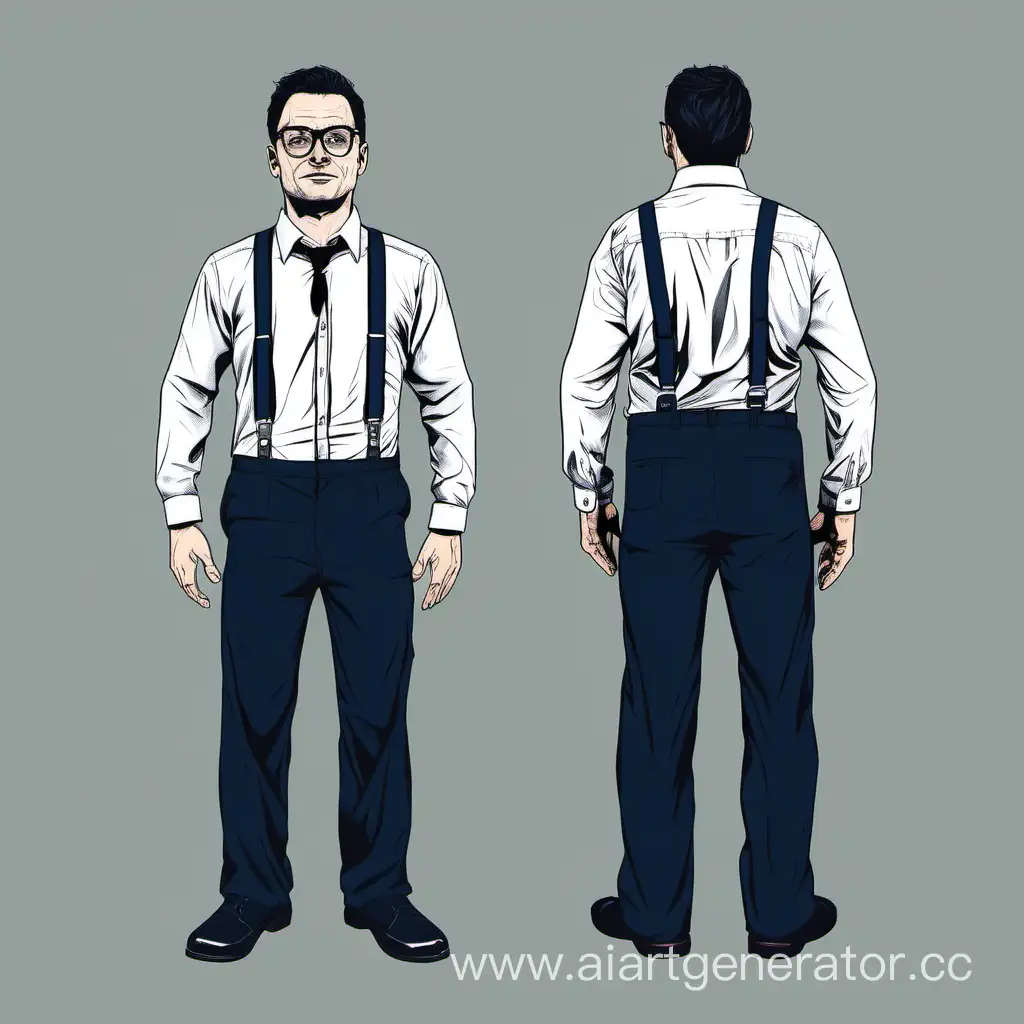 Мужчина (маньяк) 39 лет  в очках, в в тёмно-синей рубашке с длинными рукавами, в чёрных штанах на подтяжках, в чёрном галстуке.