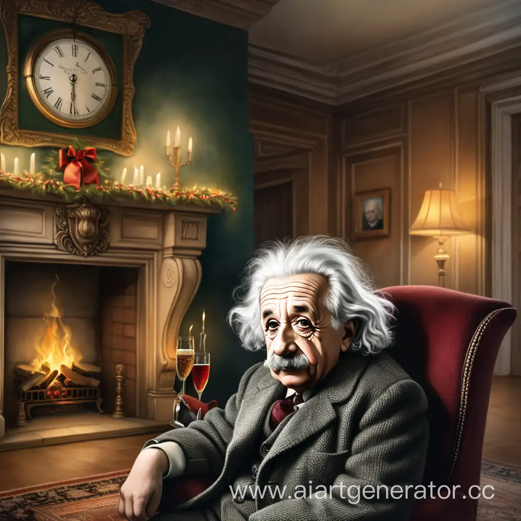 Альберт Энштейн в комнате с камином в новогодней шапке
