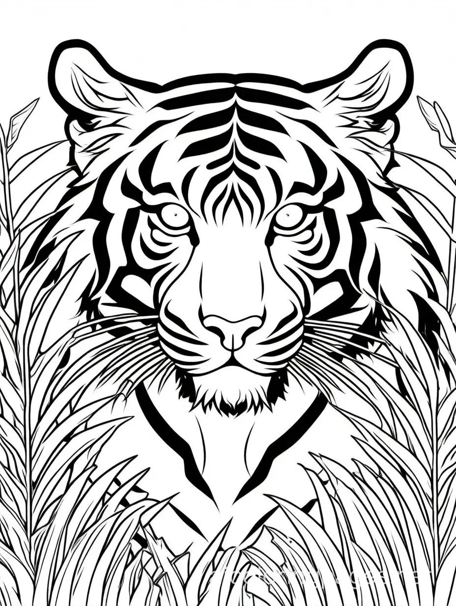 Um tigre em seu habitat natural, com suas listras distintas e olhos penetrantes., Coloring Page, black and white, line art, white background, Simplicity, Ample White Space. The background of the coloring page is plain white to make it easy for young children to color within the lines. The outlines of all the subjects are easy to distinguish, making it simple for kids to color without too much difficulty