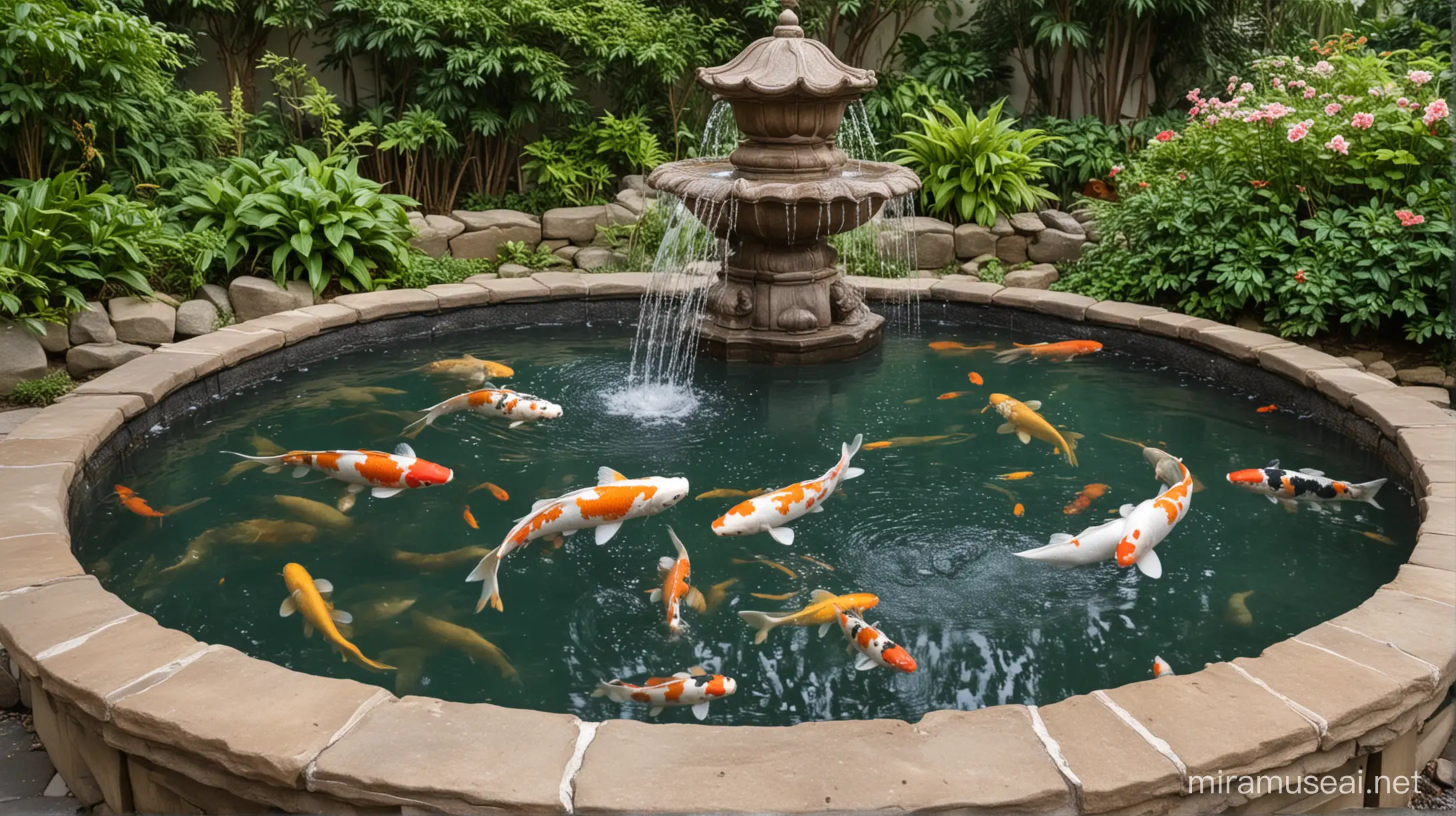 fuente con peces koi y ornamentacion
