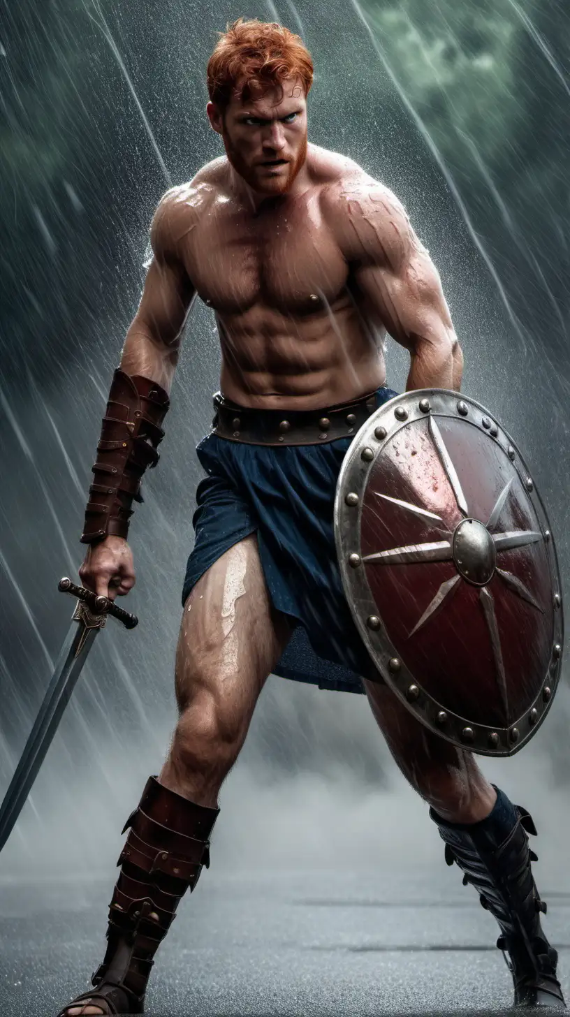 Male gladiator, redhead, stubbles, hairy chest, sweaty, shirtless, leg armor, wielding his sword and shield, left arm bandaged, confident and intense stare, under heavy rain. 