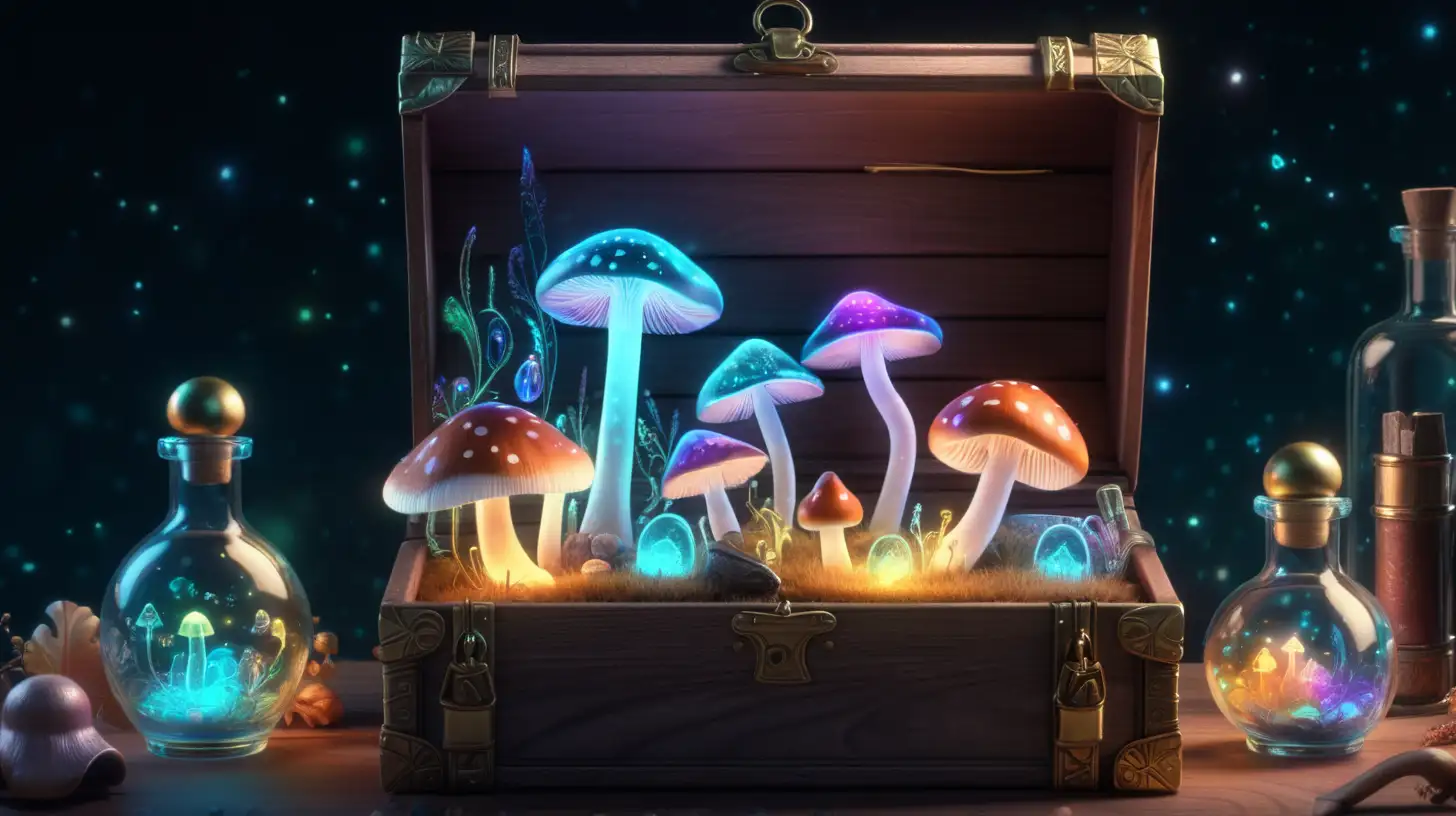 a box of glowing keys, fairytale, magical, library and glowing potions and inside the bottle are iridescent mushrooms, 8K.