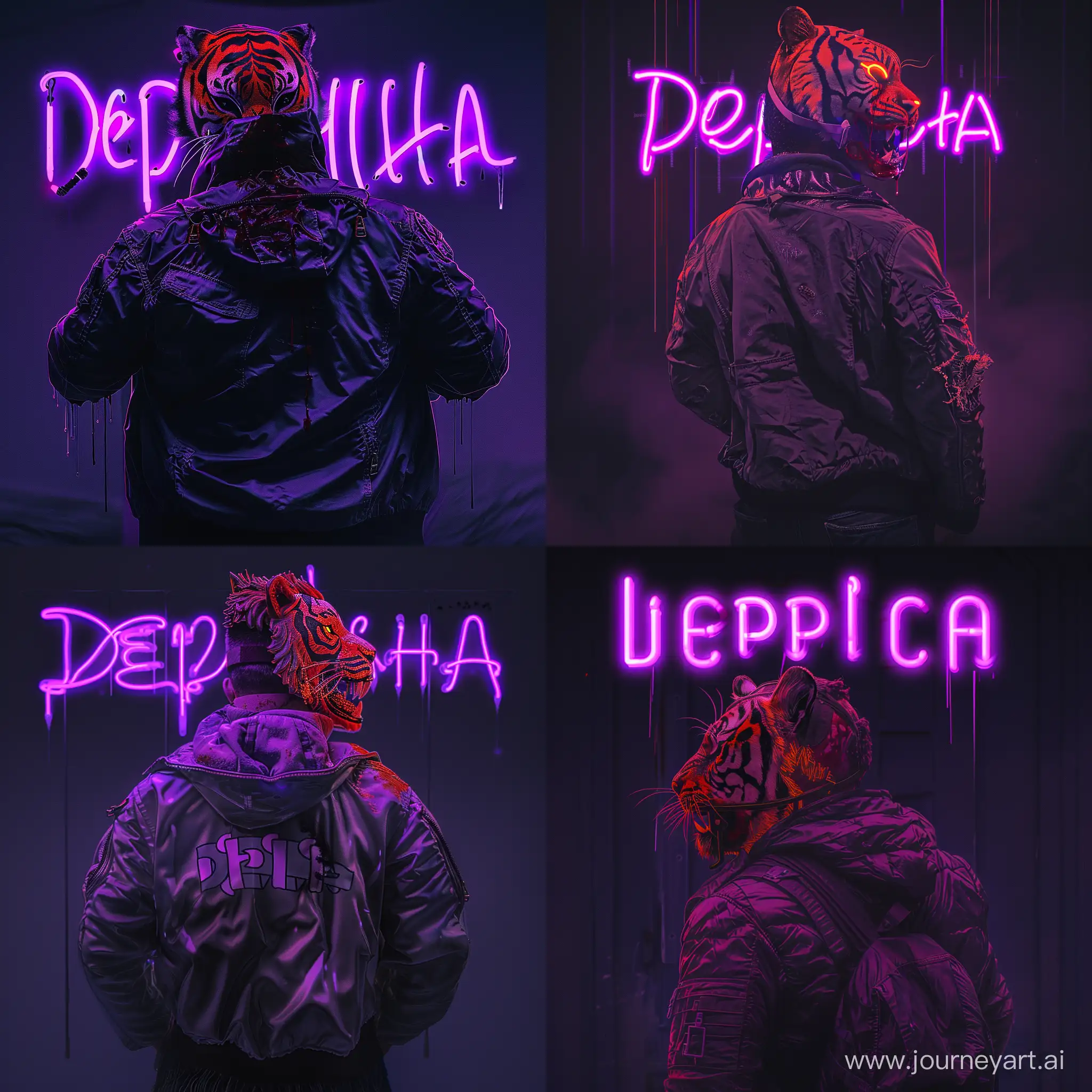 logo, avatar, synthwave style, miami hotline, man wearing a jacket and a bloody tiger mask, with "Depicha" written in purple neon behind him on top of his back